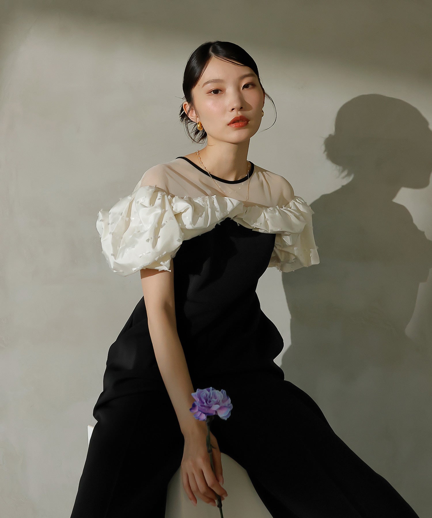 リボンジャガード バイカラー オールインワンパンツドレス