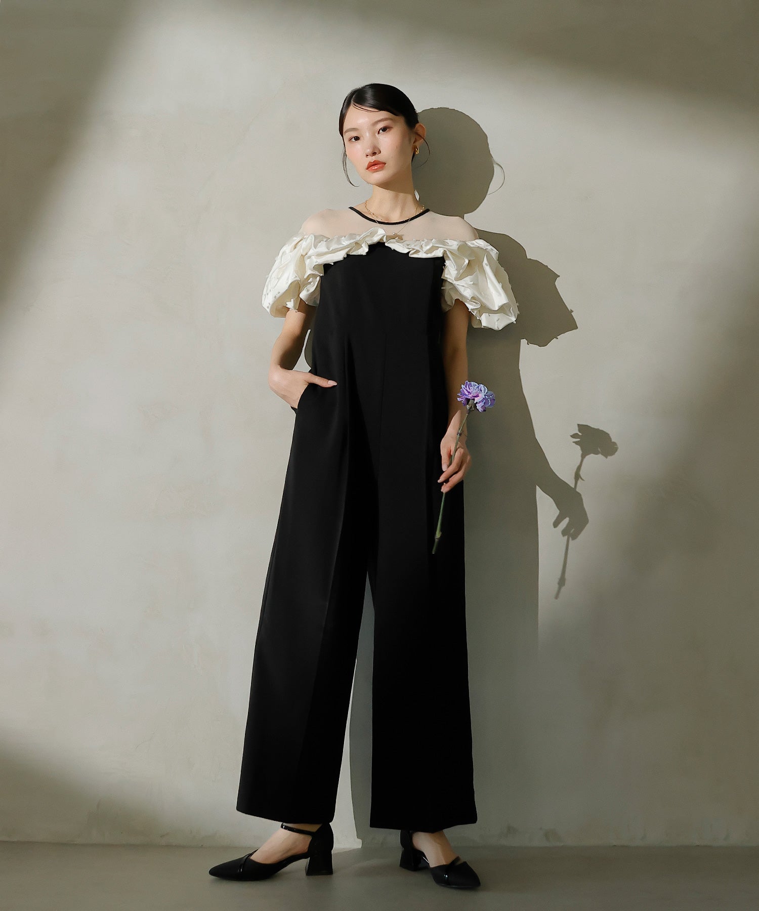 リボンジャガード バイカラー オールインワンパンツドレス