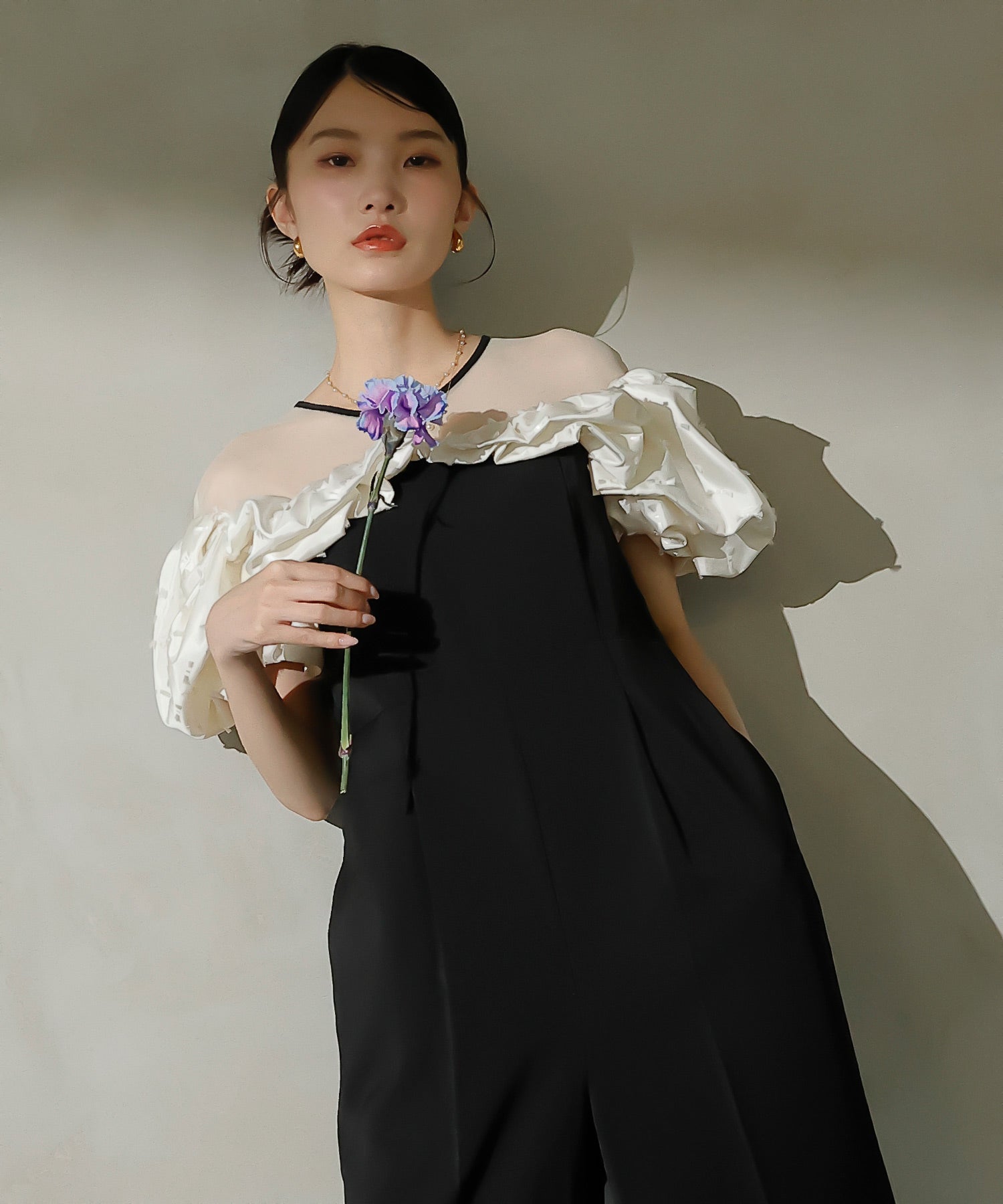 リボンジャガード バイカラー オールインワンパンツドレス