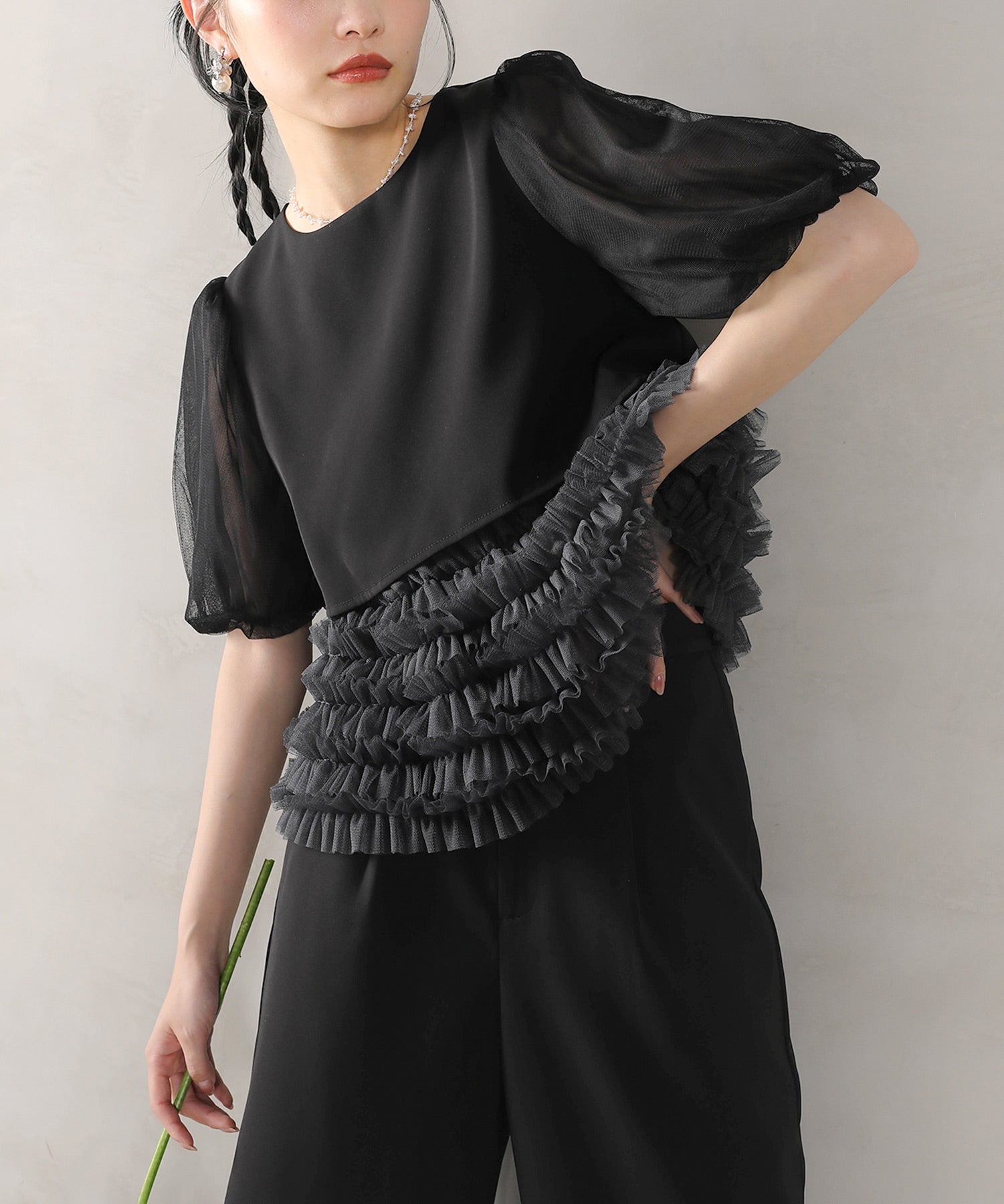 ボリュームチュールトップス ワイドパンツ セットアップ