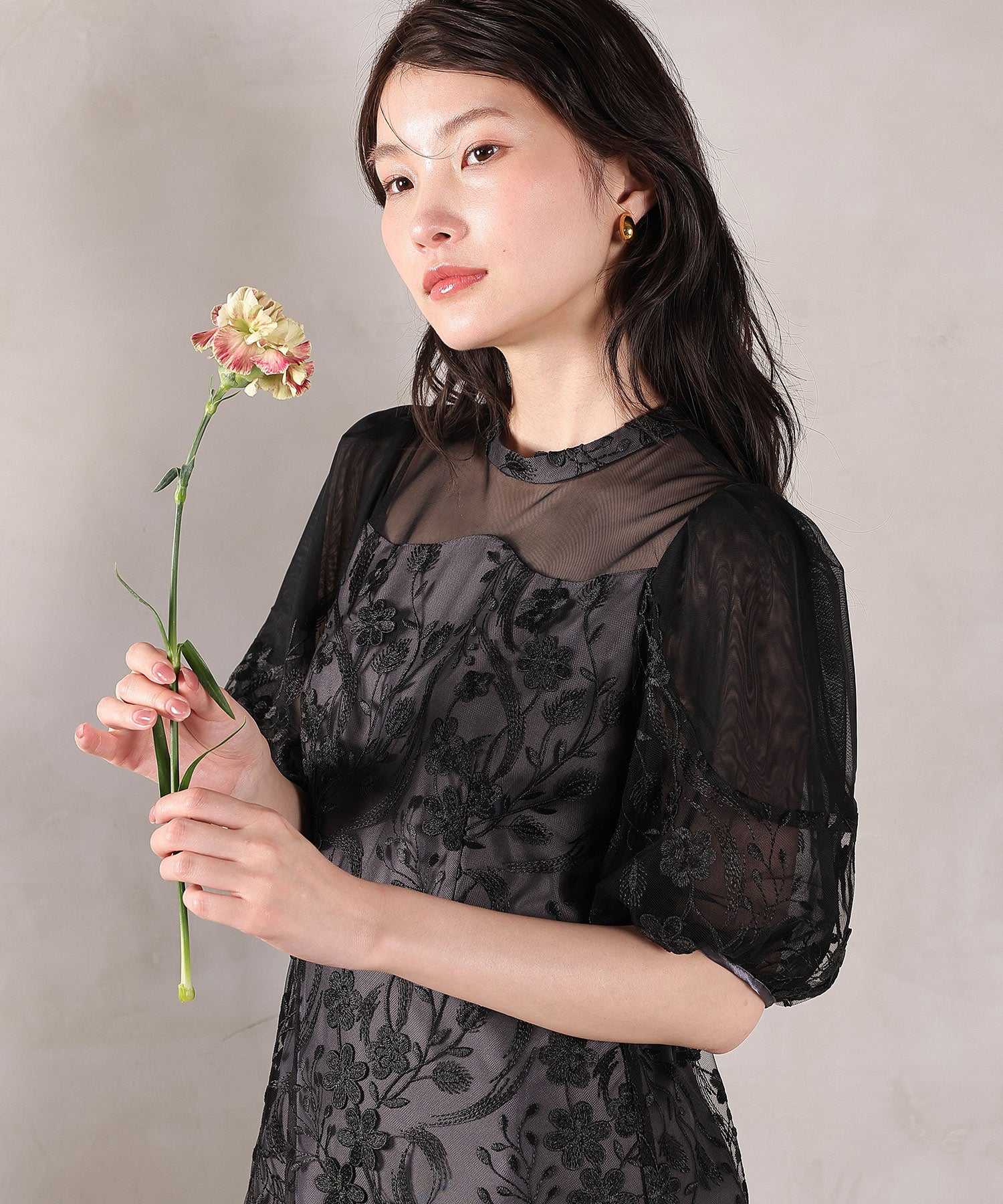 刺繍レース ウェーブデザイン チュールバルーンスリーブ Aラインワンピースドレス