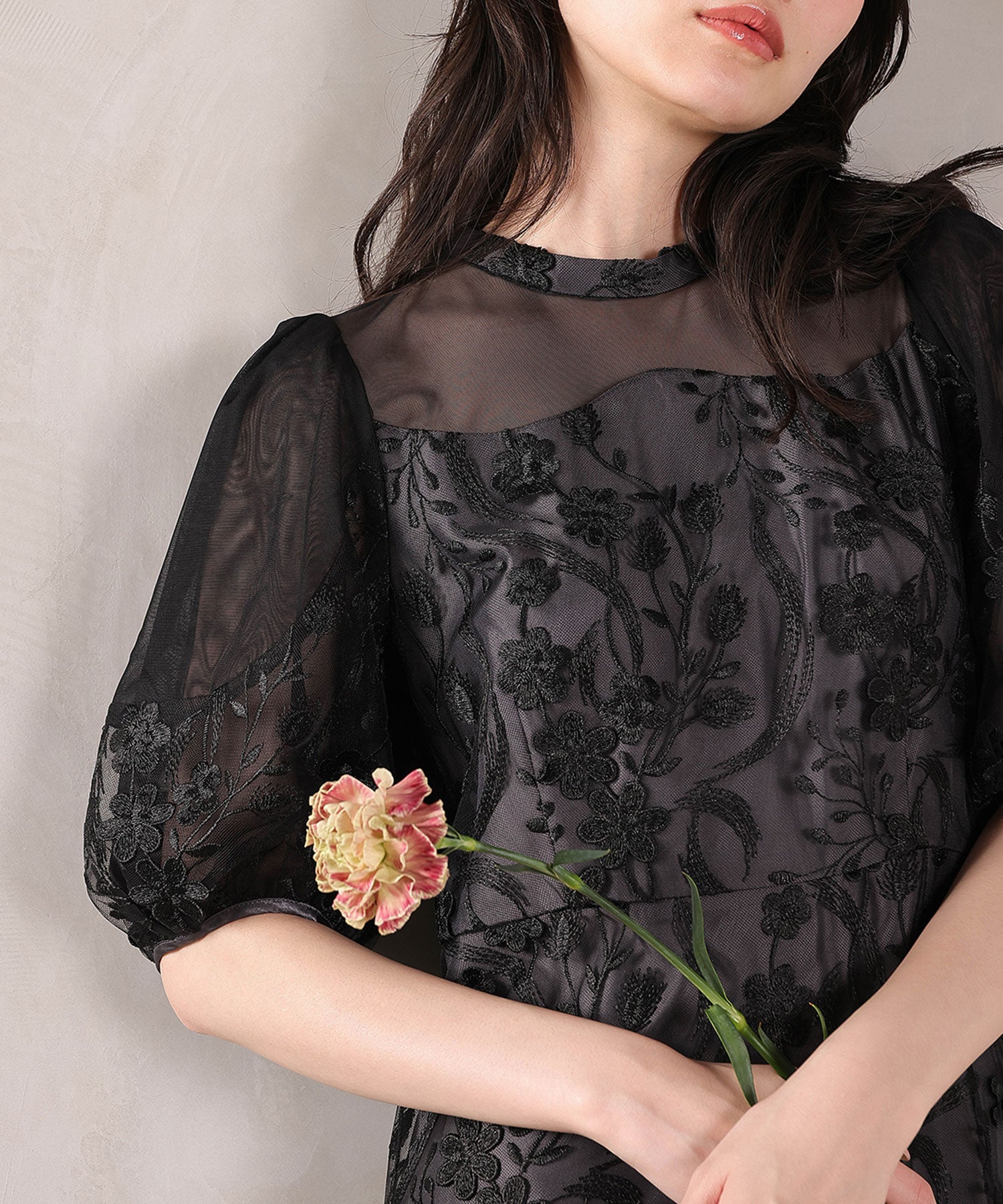 刺繍レース ウェーブデザイン チュールバルーンスリーブ Aラインワンピースドレス