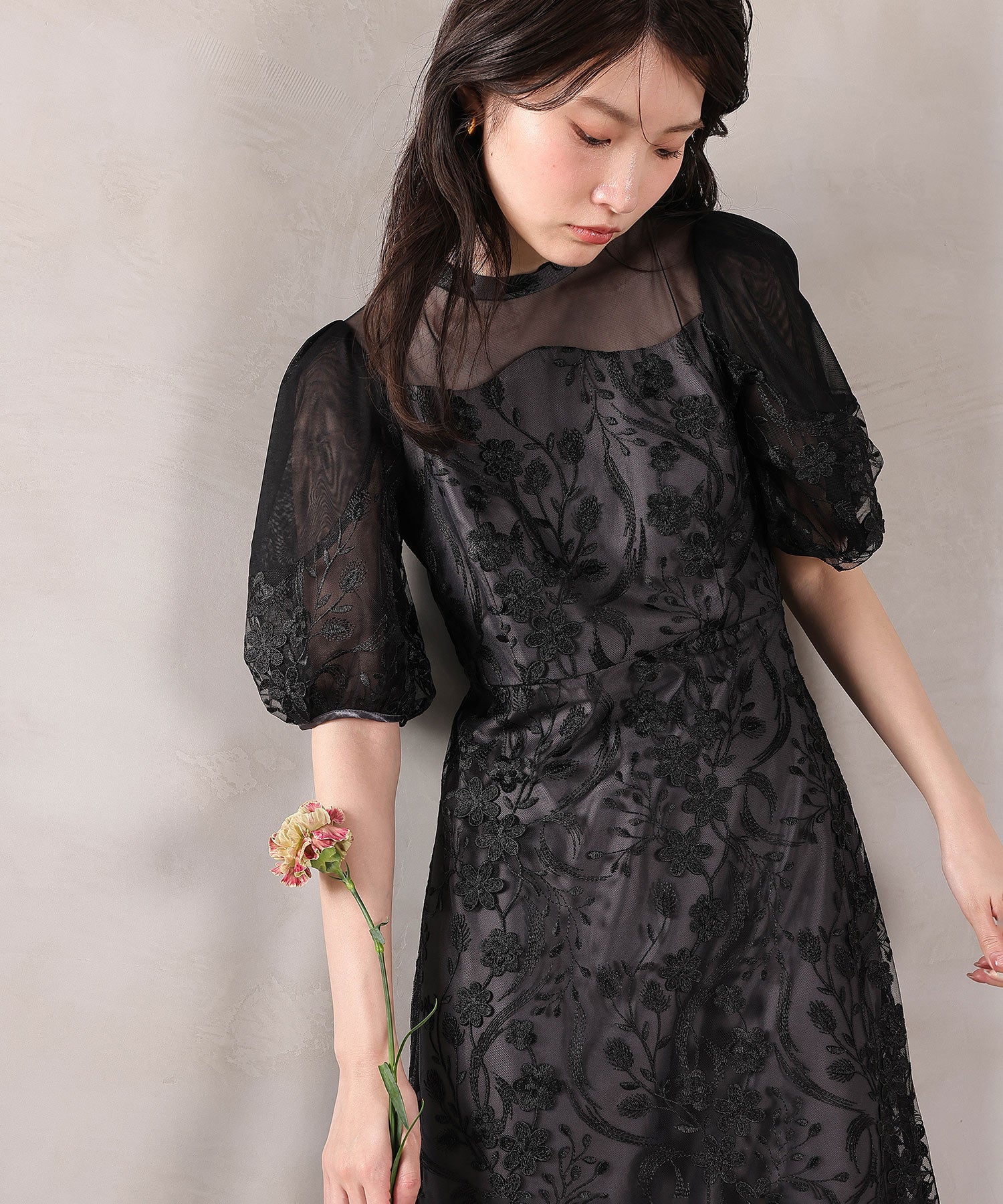 刺繍レース ウェーブデザイン チュールバルーンスリーブ Aラインワンピースドレス