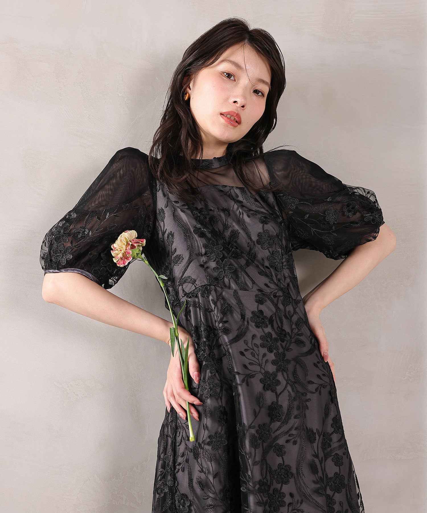 刺繍レース ウェーブデザイン チュールバルーンスリーブ Aラインワンピースドレス