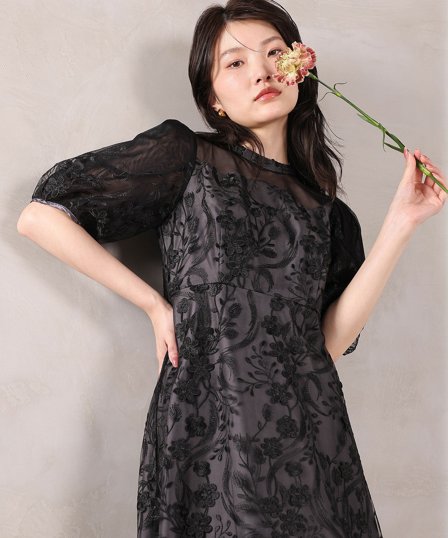 刺繍レース ウェーブデザイン チュールバルーンスリーブ Aラインワンピースドレス