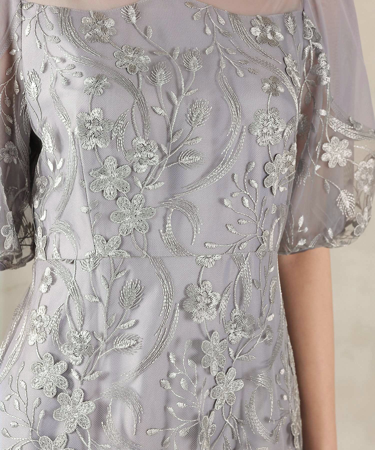 刺繍レース ウェーブデザイン チュールバルーンスリーブ Aラインワンピースドレス