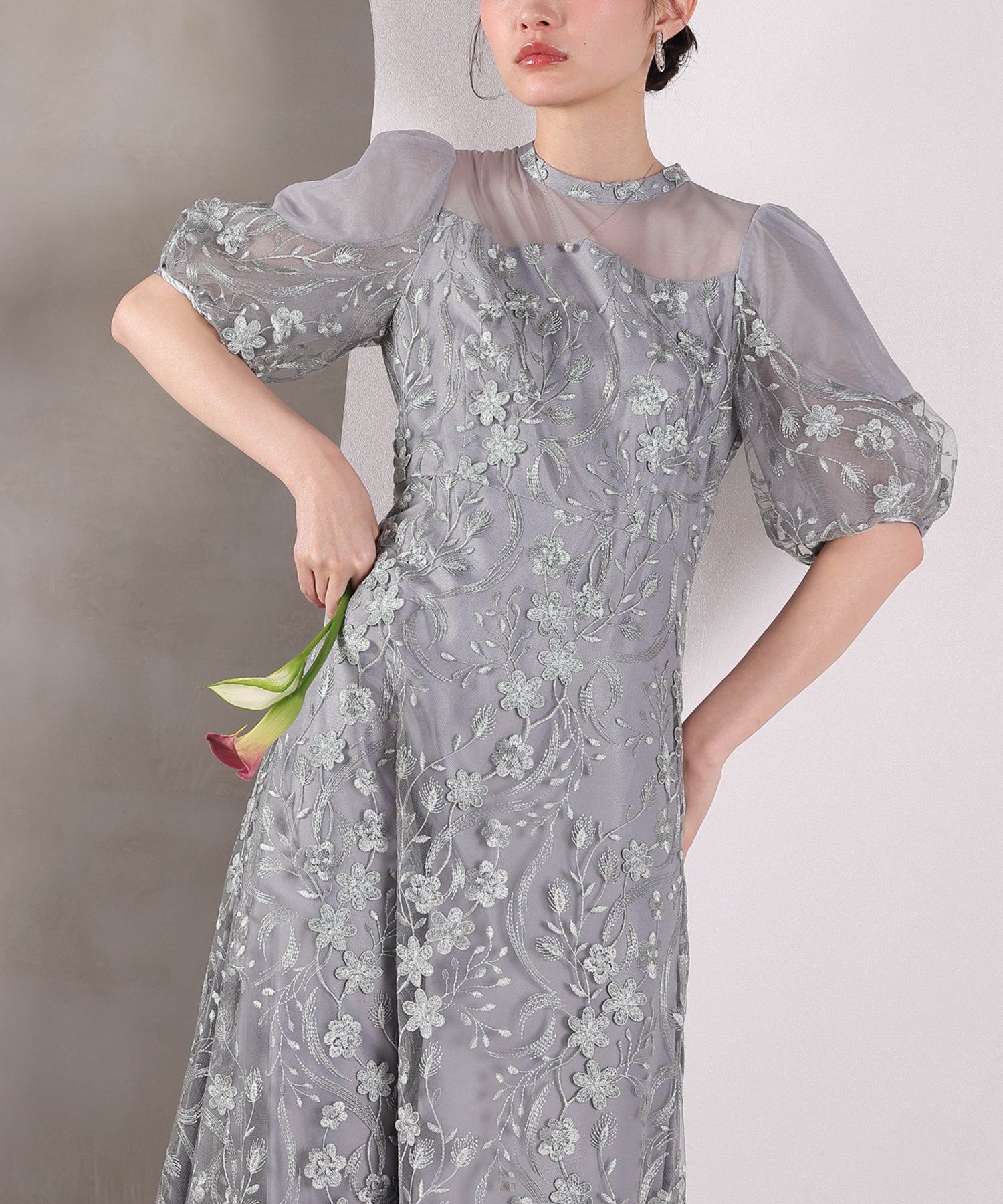 刺繍レース ウェーブデザイン チュールバルーンスリーブ Aラインワンピースドレス