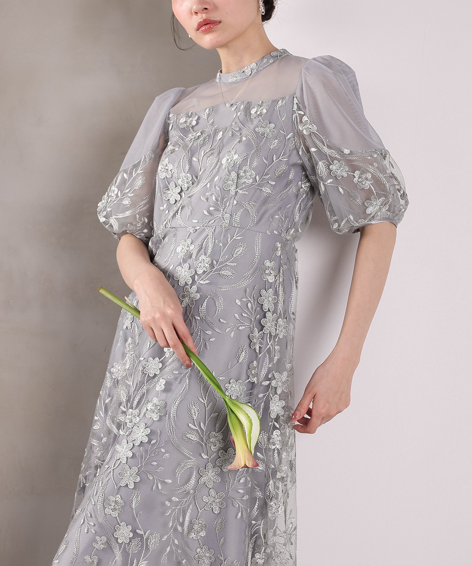 刺繍レース ウェーブデザイン チュールバルーンスリーブ Aラインワンピースドレス