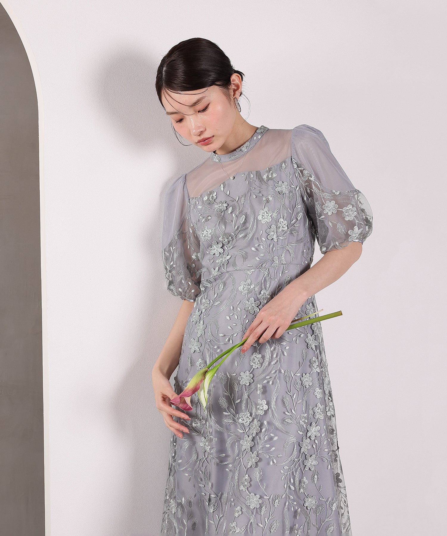 刺繍レース ウェーブデザイン チュールバルーンスリーブ Aラインワンピースドレス