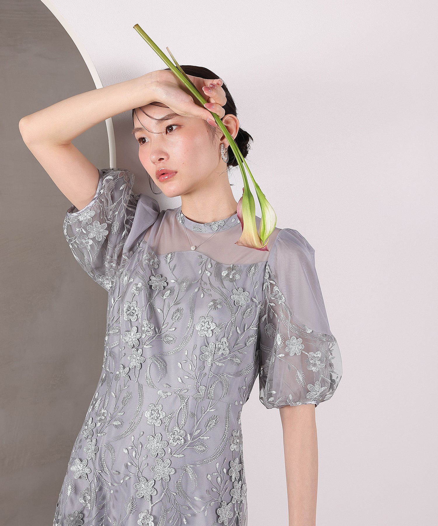 刺繍レース ウェーブデザイン チュールバルーンスリーブ Aラインワンピースドレス