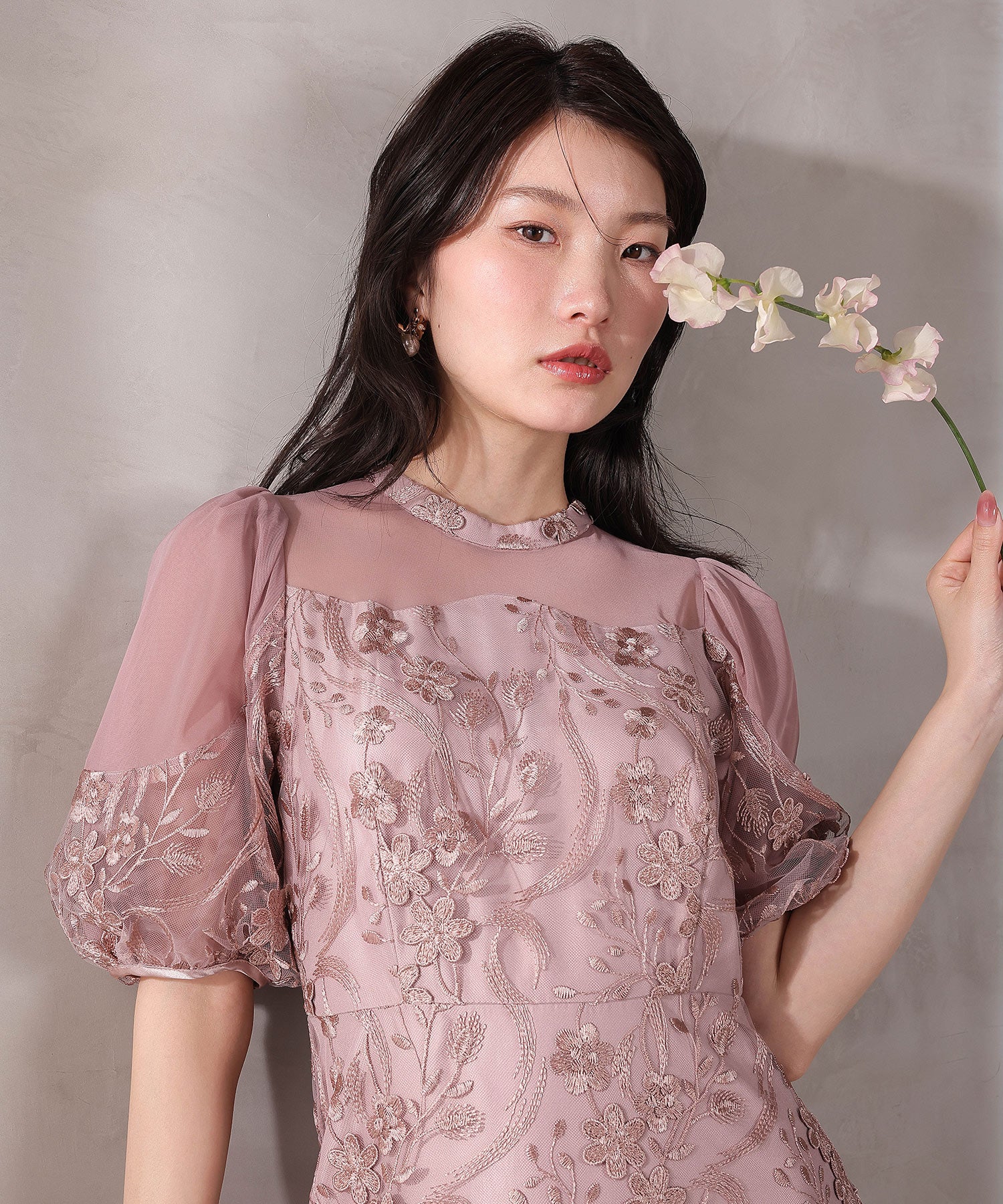 刺繍レース ウェーブデザイン チュールバルーンスリーブ Aラインワンピースドレス