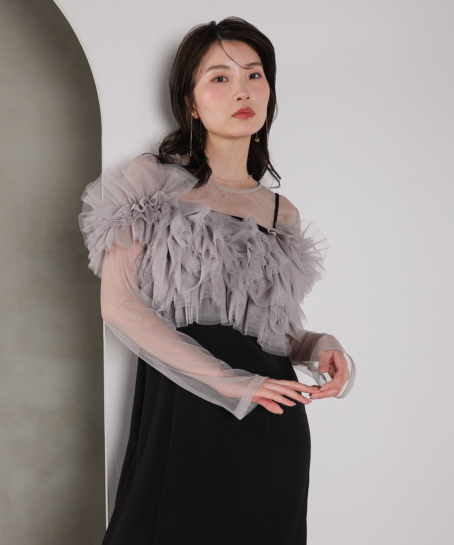 ボリュームチュール ラッフル レイヤー フレアワンピース ドレス