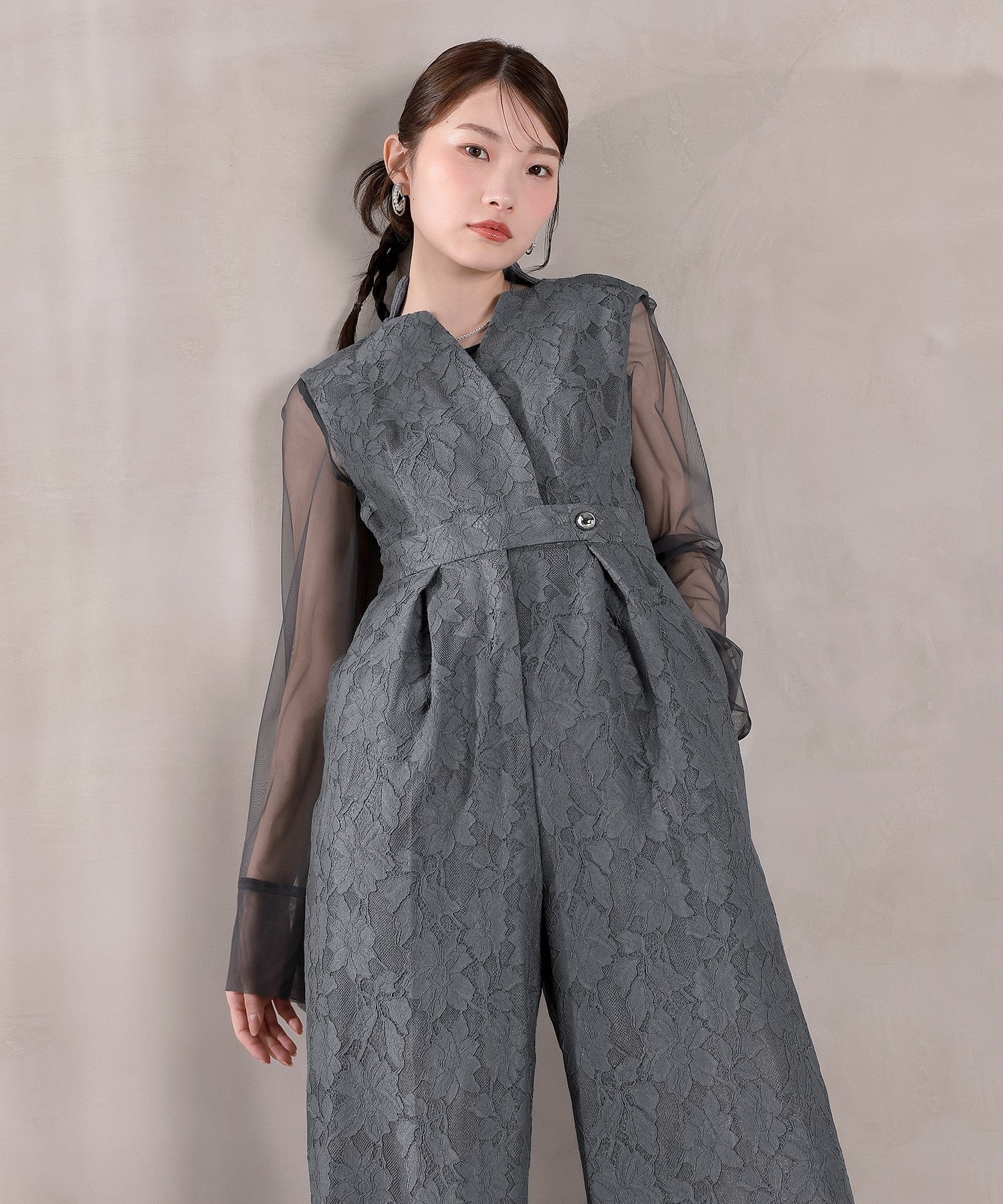 ボンディングレース オールインワン パンツドレス シアートップス 2点セット