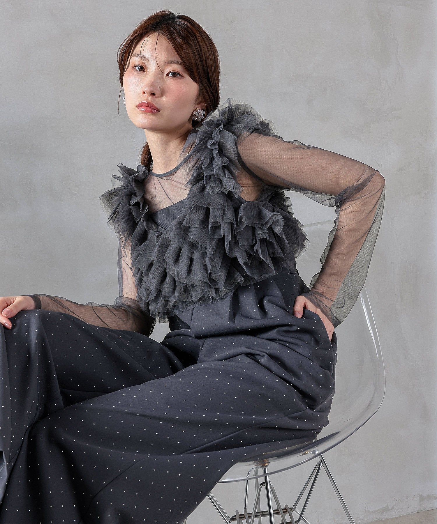 ボリュームビスチェドットパンツドレス