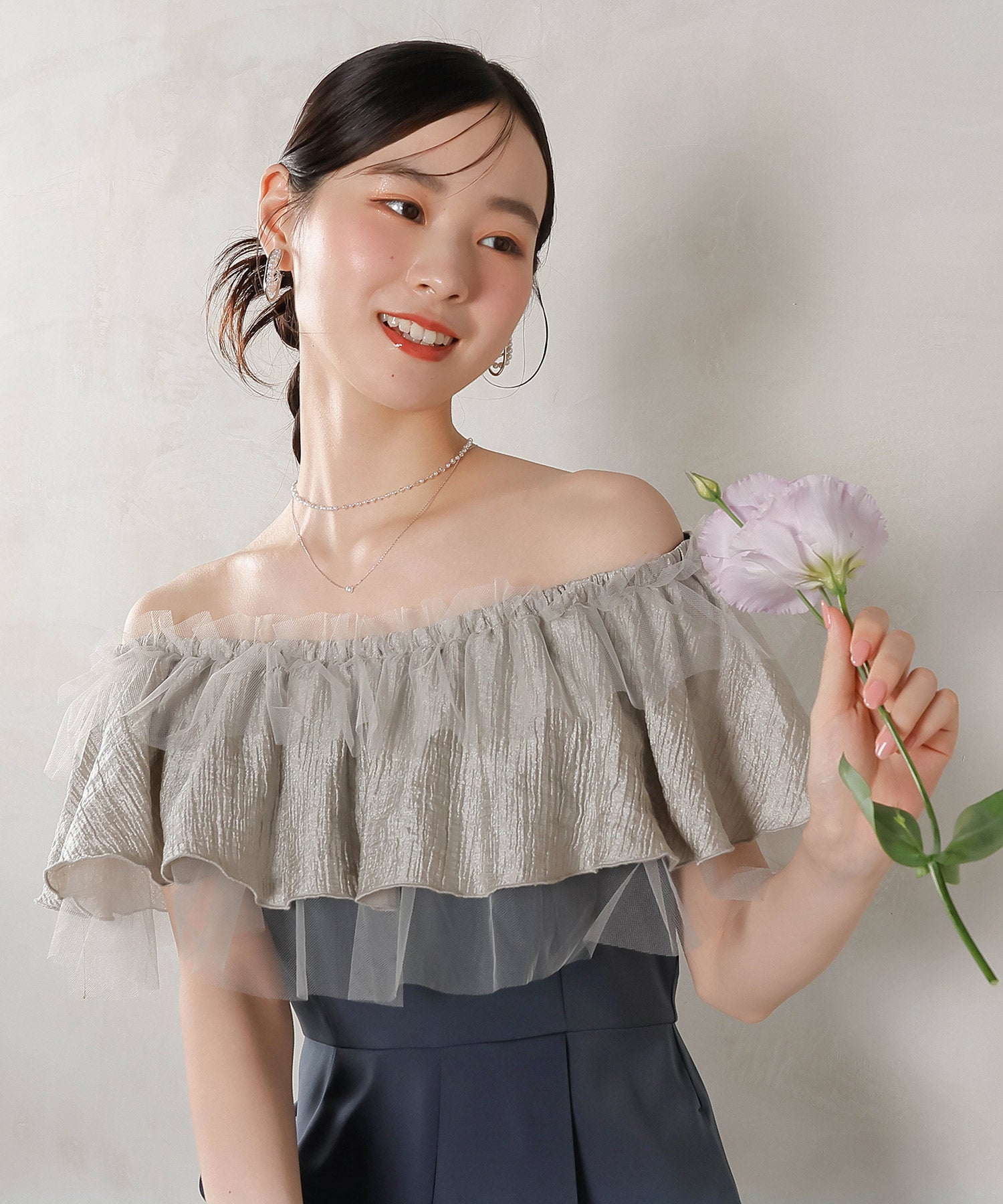 チュールフリル オフショル 2WAY パンツドレス