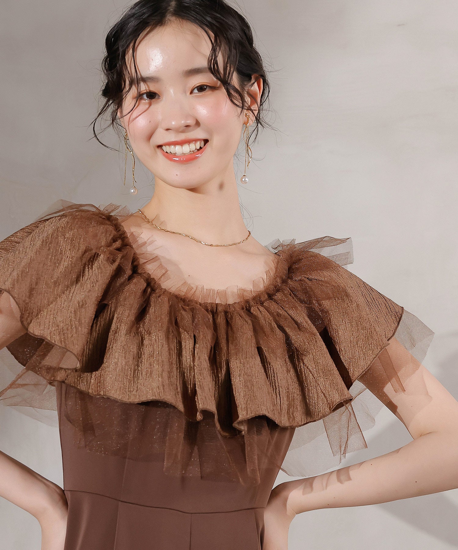 チュールフリル オフショル 2WAY パンツドレス