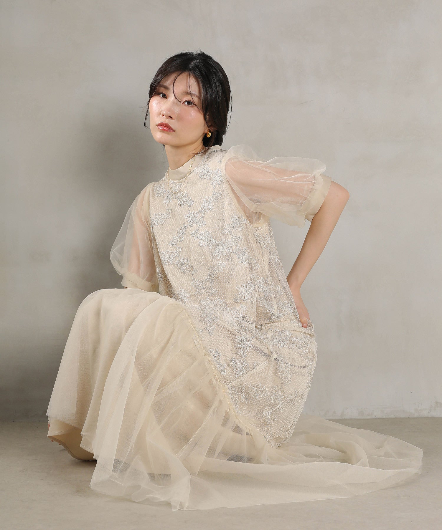 刺繍レース チュール Aライン ティアード ワンピース ドレス