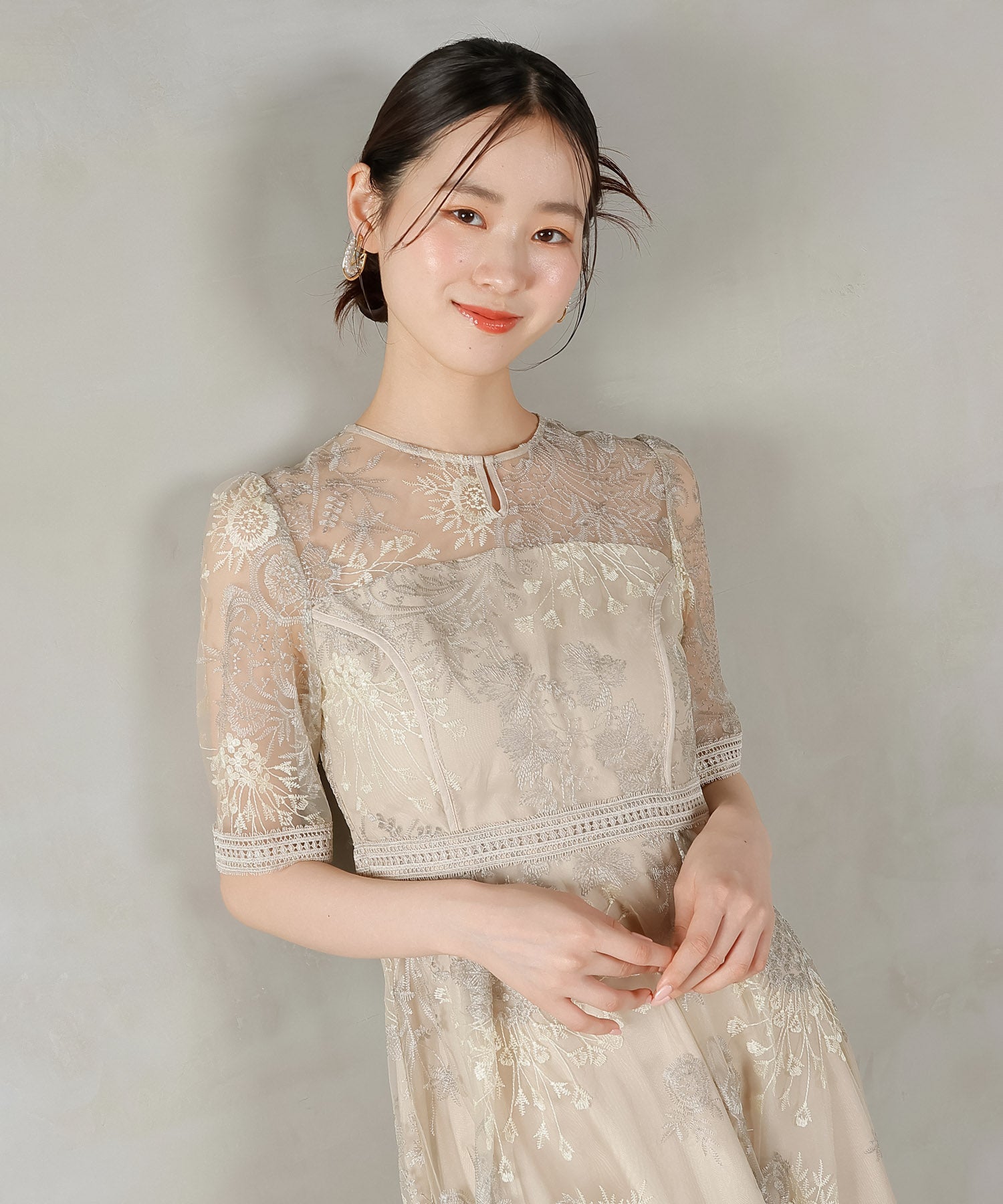 シック フラワー刺繍 ラダーレース フレア パーティー ドレス 結婚式 お呼ばれ オケージョン