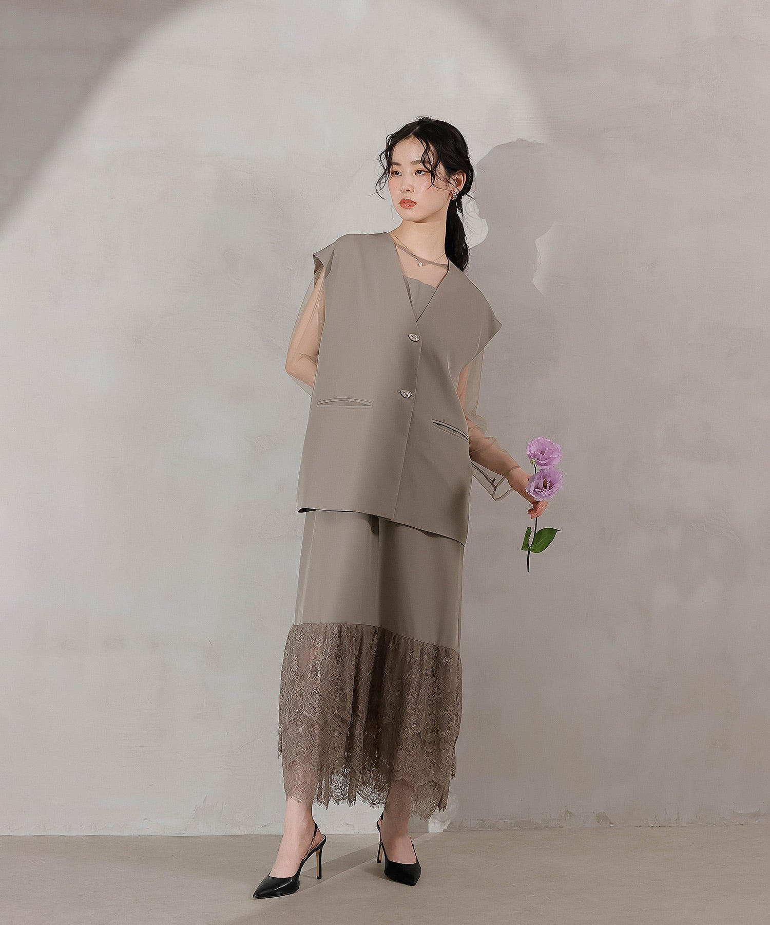 ジレ×レース フリルワンピース 2点セット パーティー ドレス