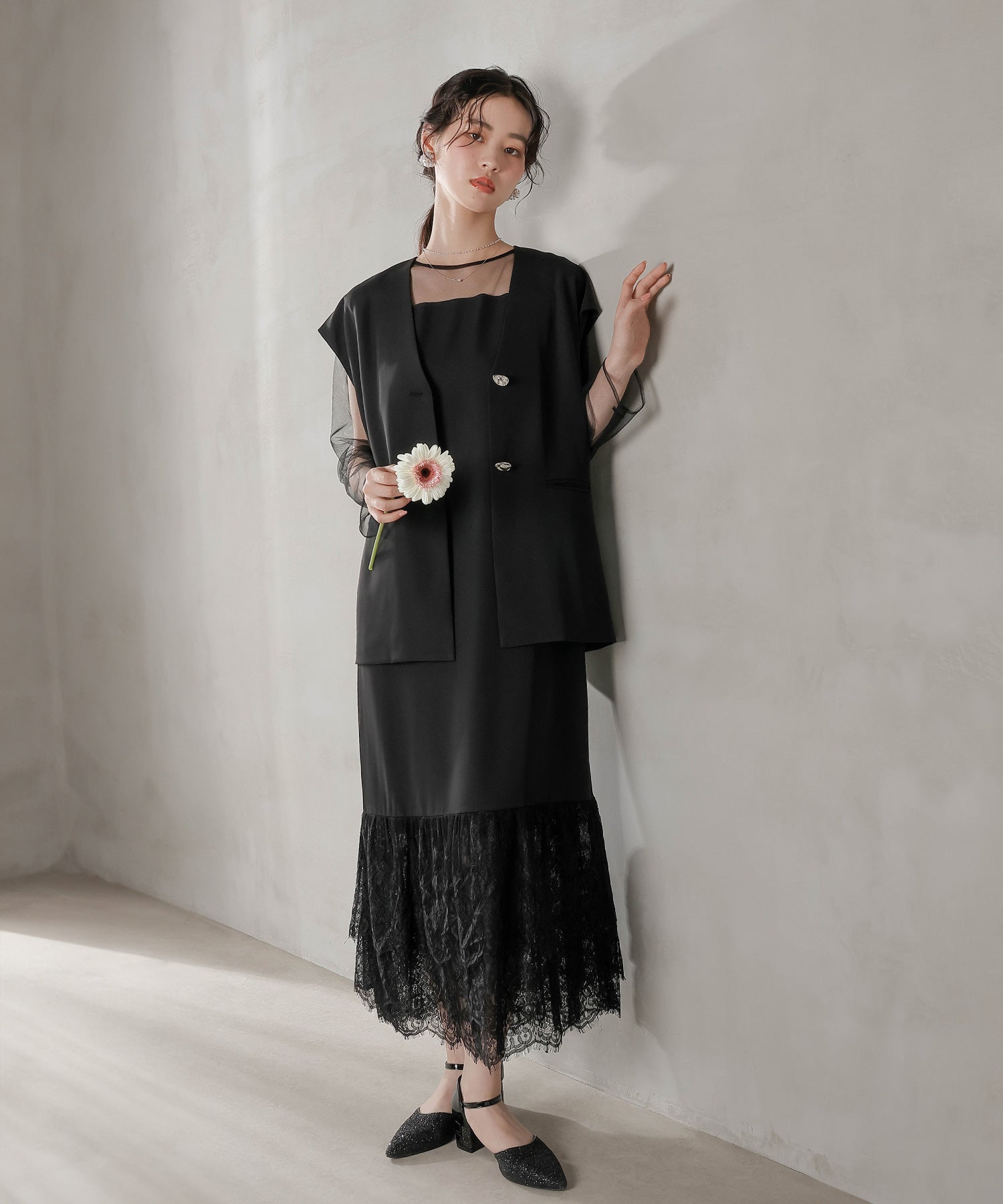 ジレ×レース フリルワンピース 2点セット パーティー ドレス