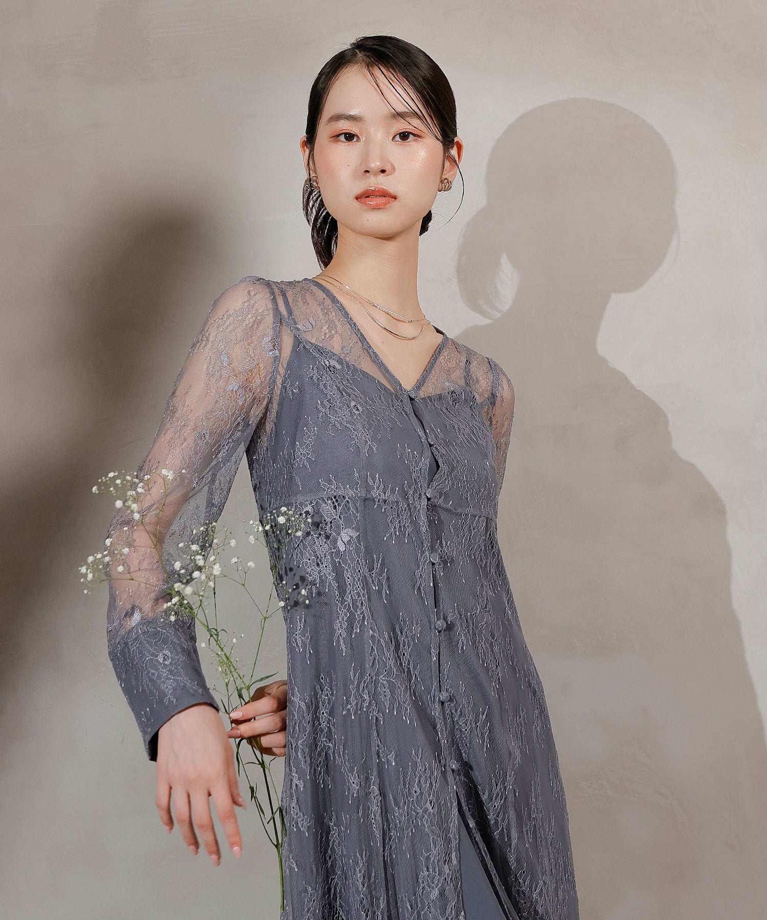 総レース ティアード Aライン ワンピースドレス
