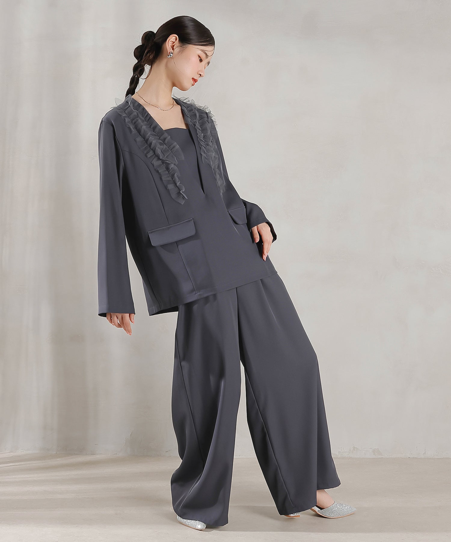 チュールフリル ジャケット ワイドパンツ 2点セット