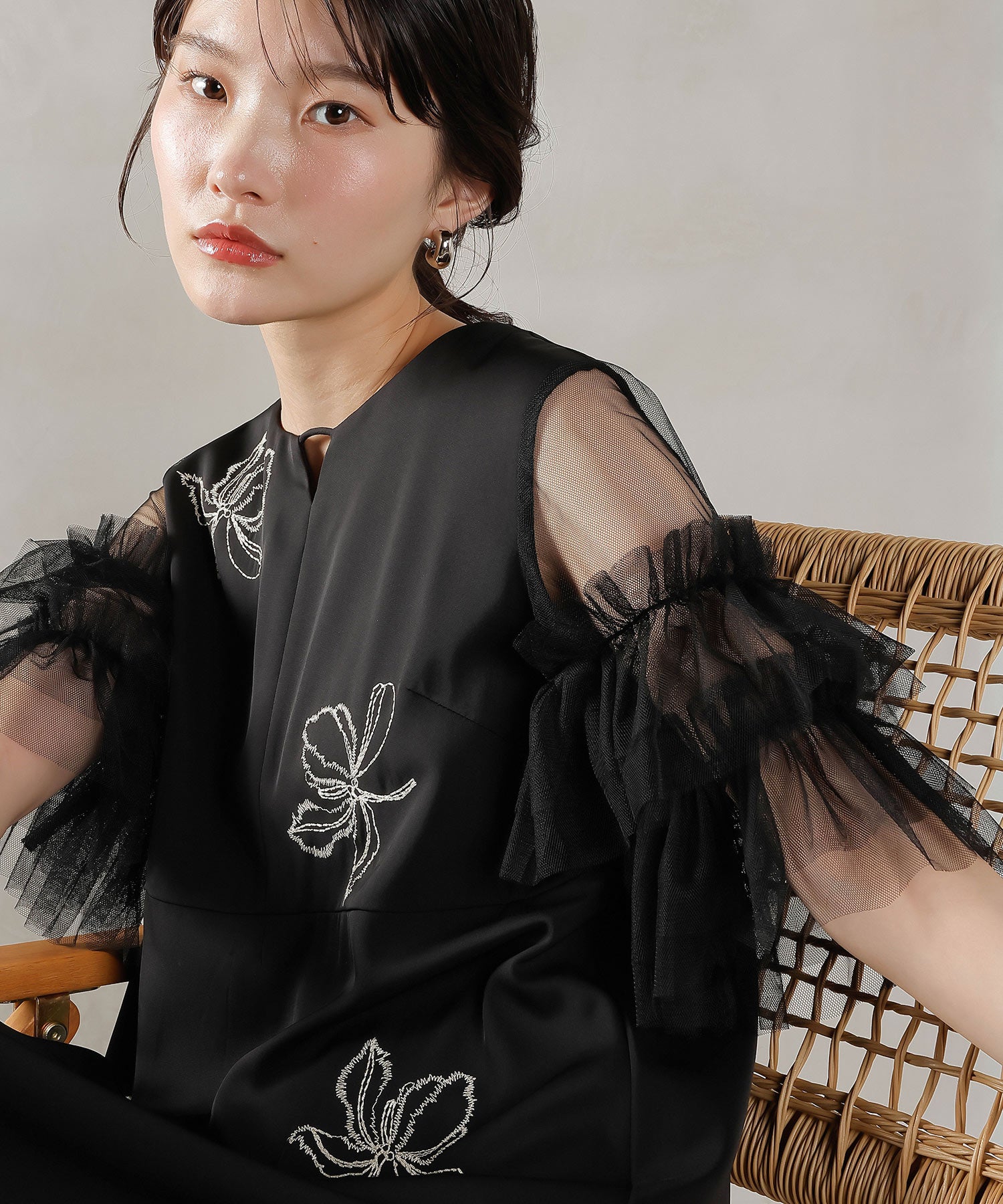 刺繍レース チュールフリル Aライン ドレス
