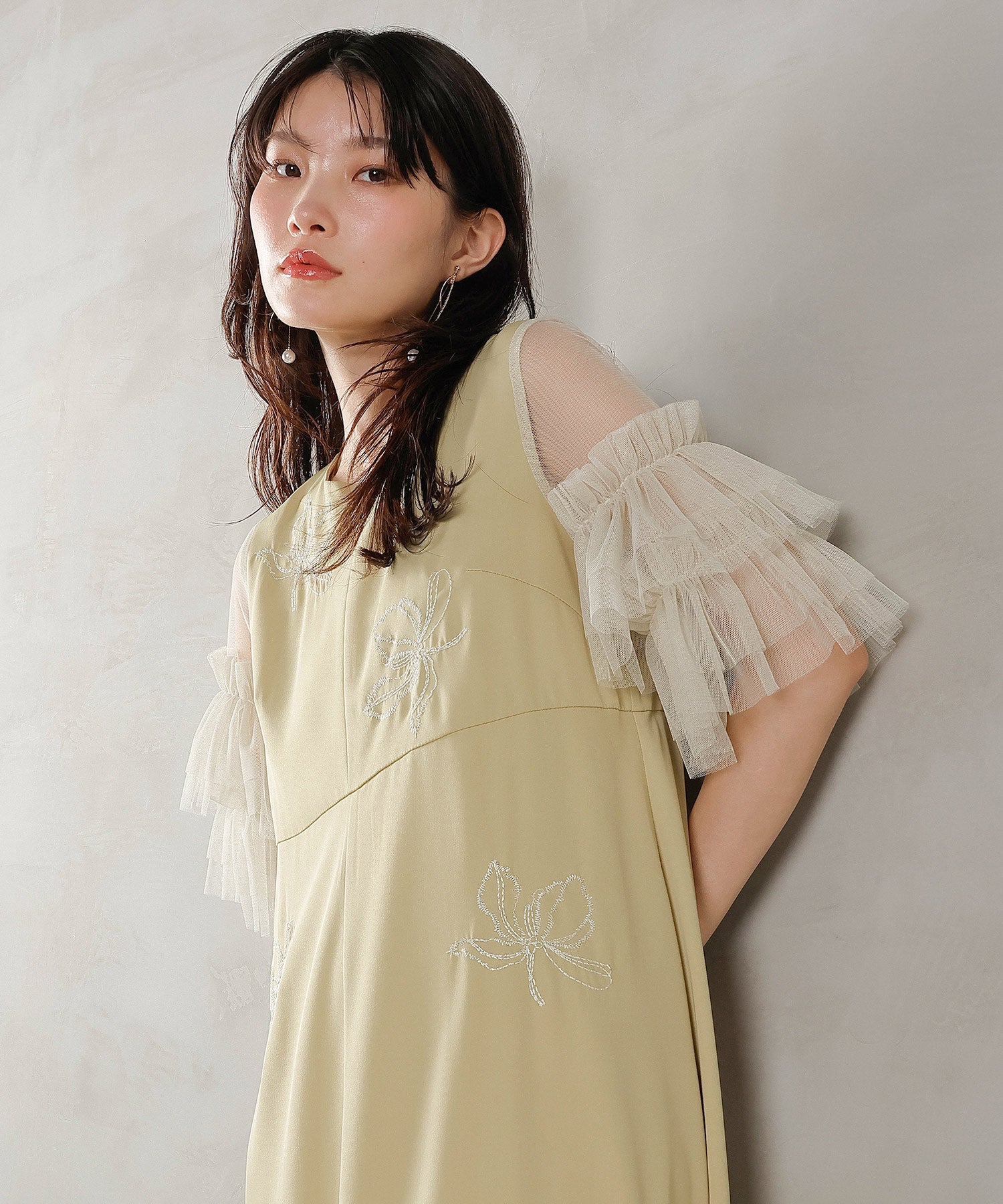 刺繍レース チュールフリル Aライン ドレス