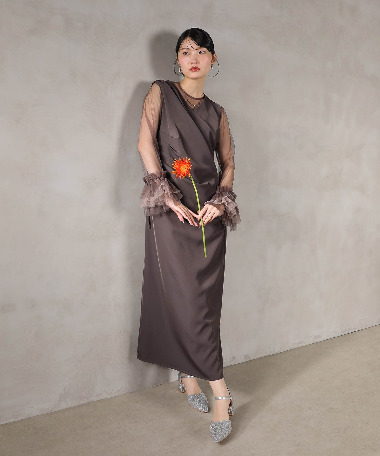 チュール袖フリル ドレープワンピースドレス 2点セット