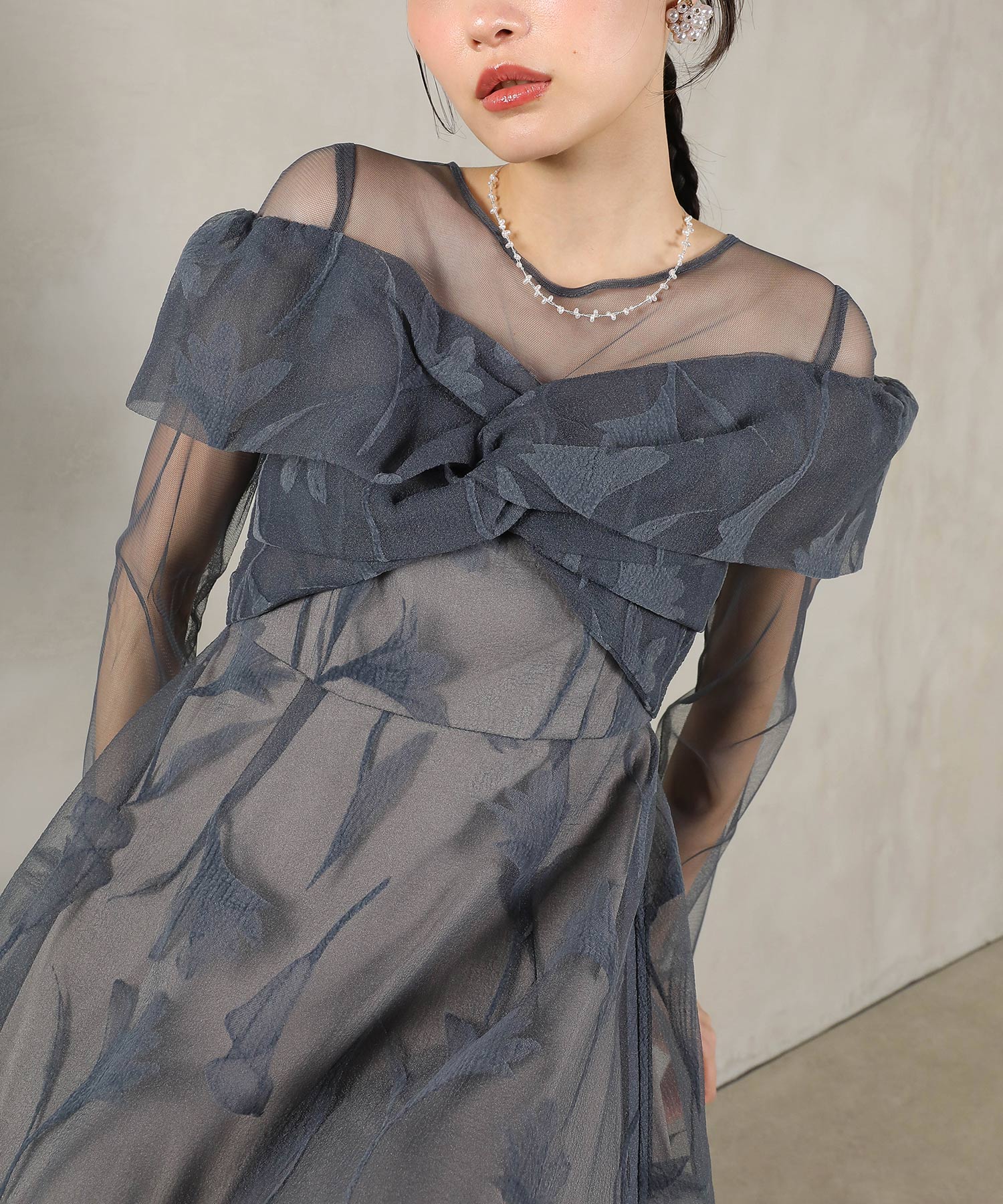 フロッキーレース チュール ボリュームデザイン Aライン ワンピース ドレスパーティー 結婚式 お呼ばれ オケージョン