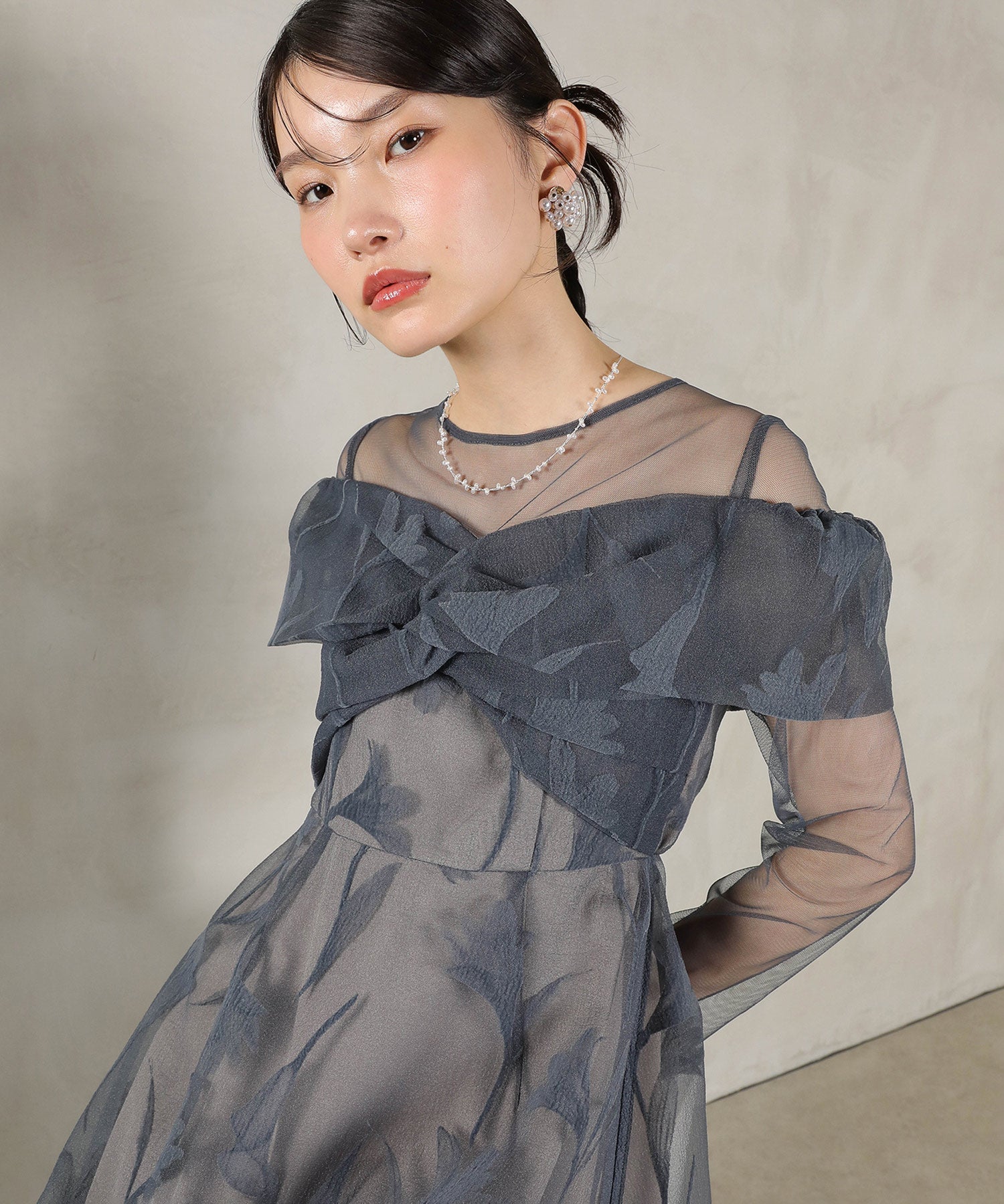 フロッキーレース チュール ボリュームデザイン Aライン ワンピース ドレスパーティー 結婚式 お呼ばれ オケージョン