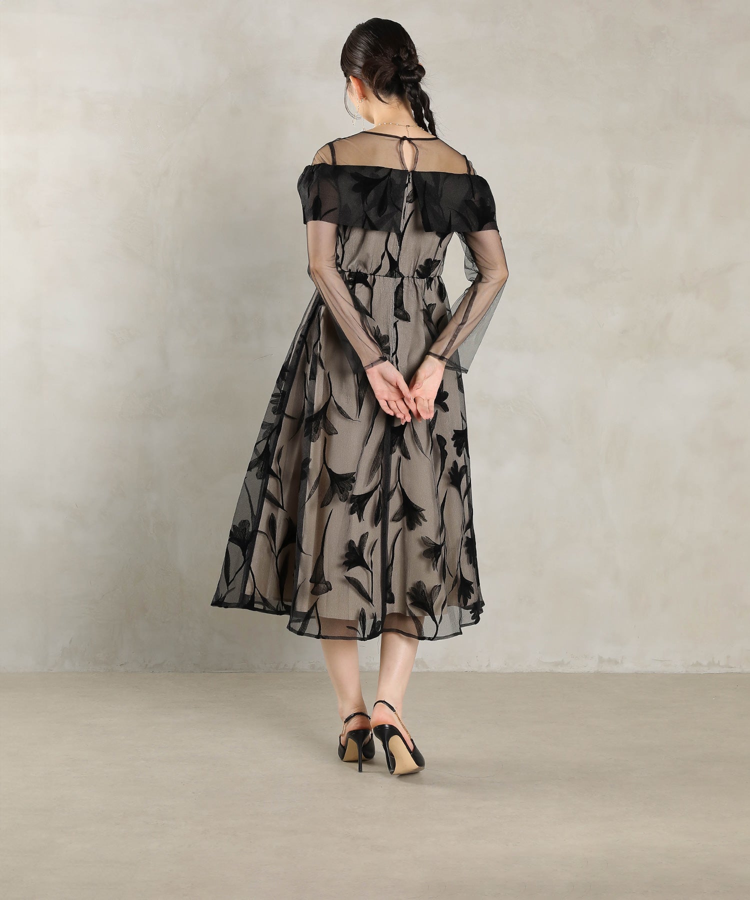 フロッキーレース チュール ボリュームデザイン Aライン ワンピース ドレスパーティー 結婚式 お呼ばれ オケージョン