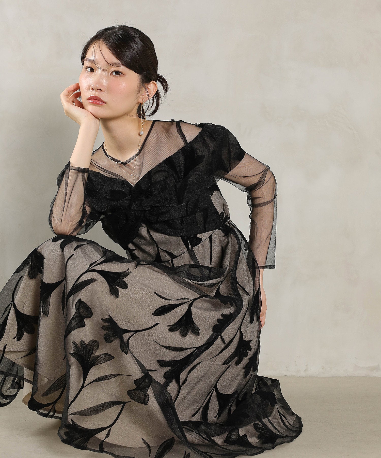 フロッキーレース チュール ボリュームデザイン Aライン ワンピース ドレスパーティー 結婚式 お呼ばれ オケージョン