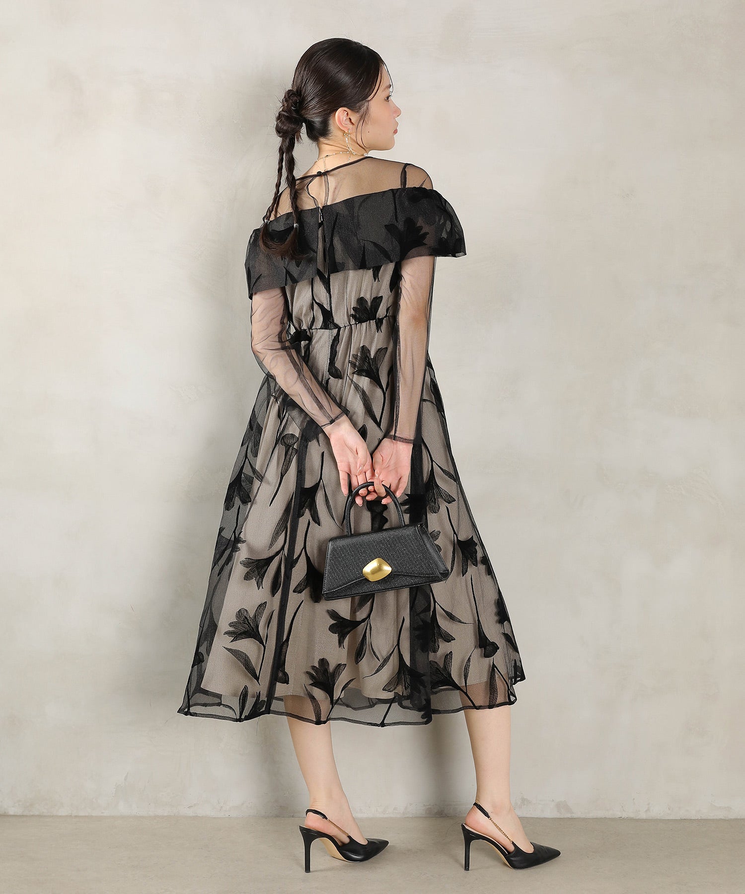 フロッキーレース チュール ボリュームデザイン Aライン ワンピース ドレスパーティー 結婚式 お呼ばれ オケージョン