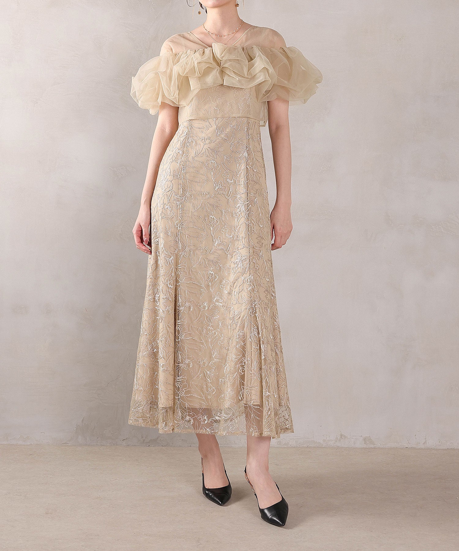 ボリュームボレロ花柄ワンピースドレス 2点セットワンピースドレス