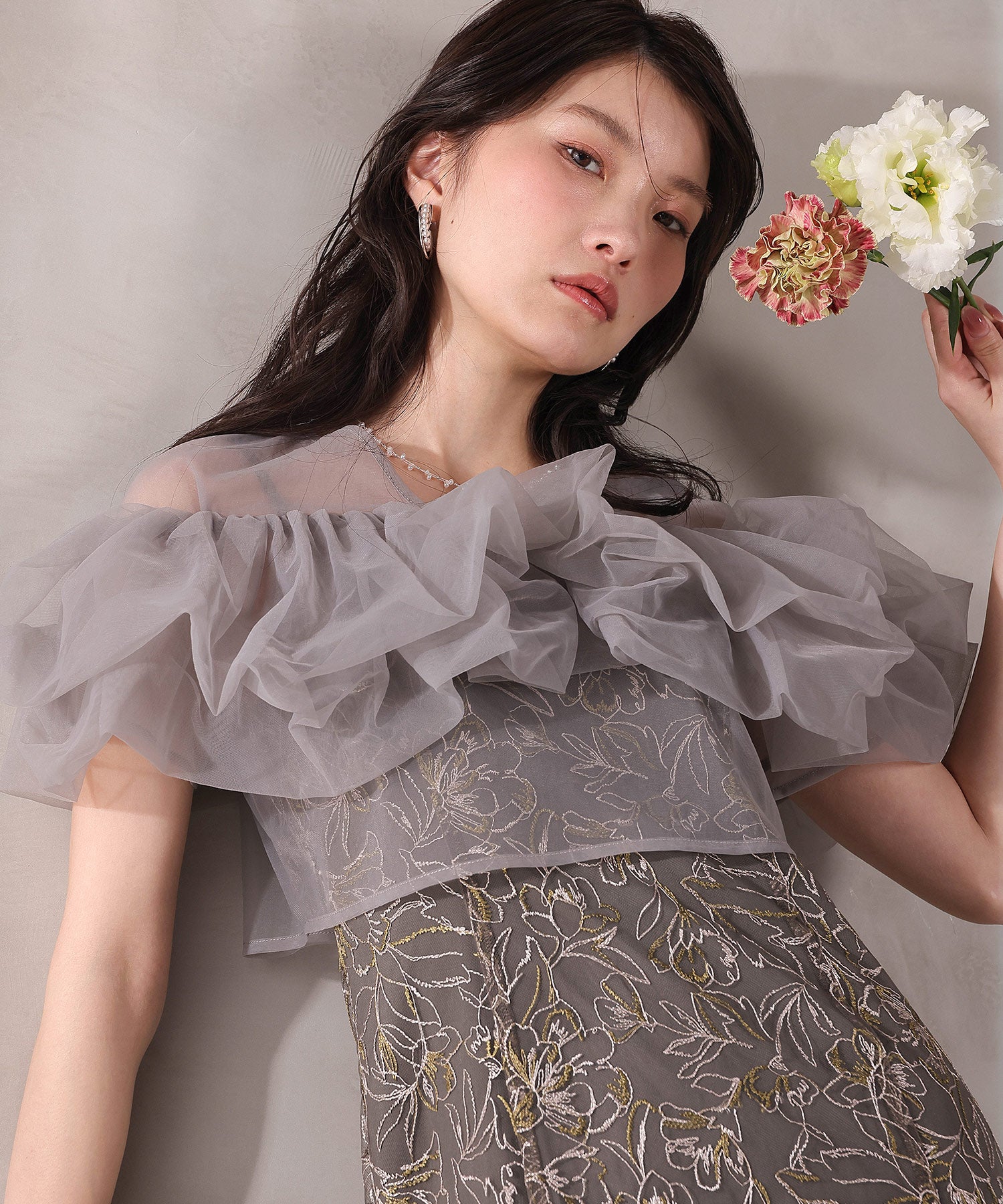 ボリュームボレロ花柄ワンピースドレス 2点セットワンピースドレス