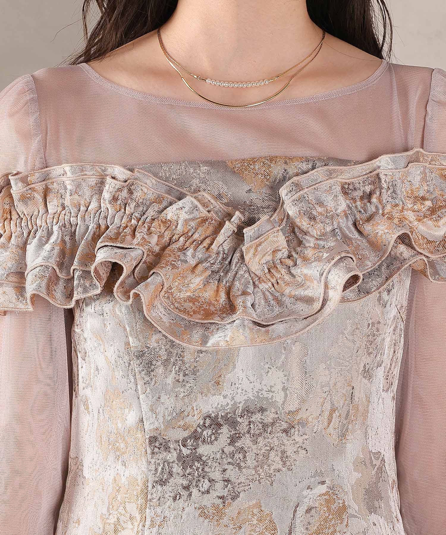 ハートネックフリルジャガードワンピースドレス