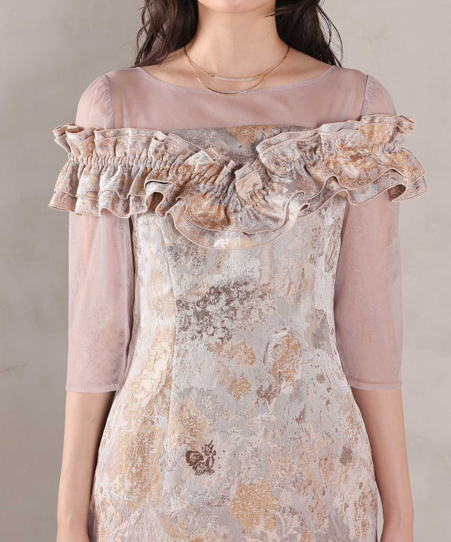 ハートネックフリルジャガードワンピースドレス