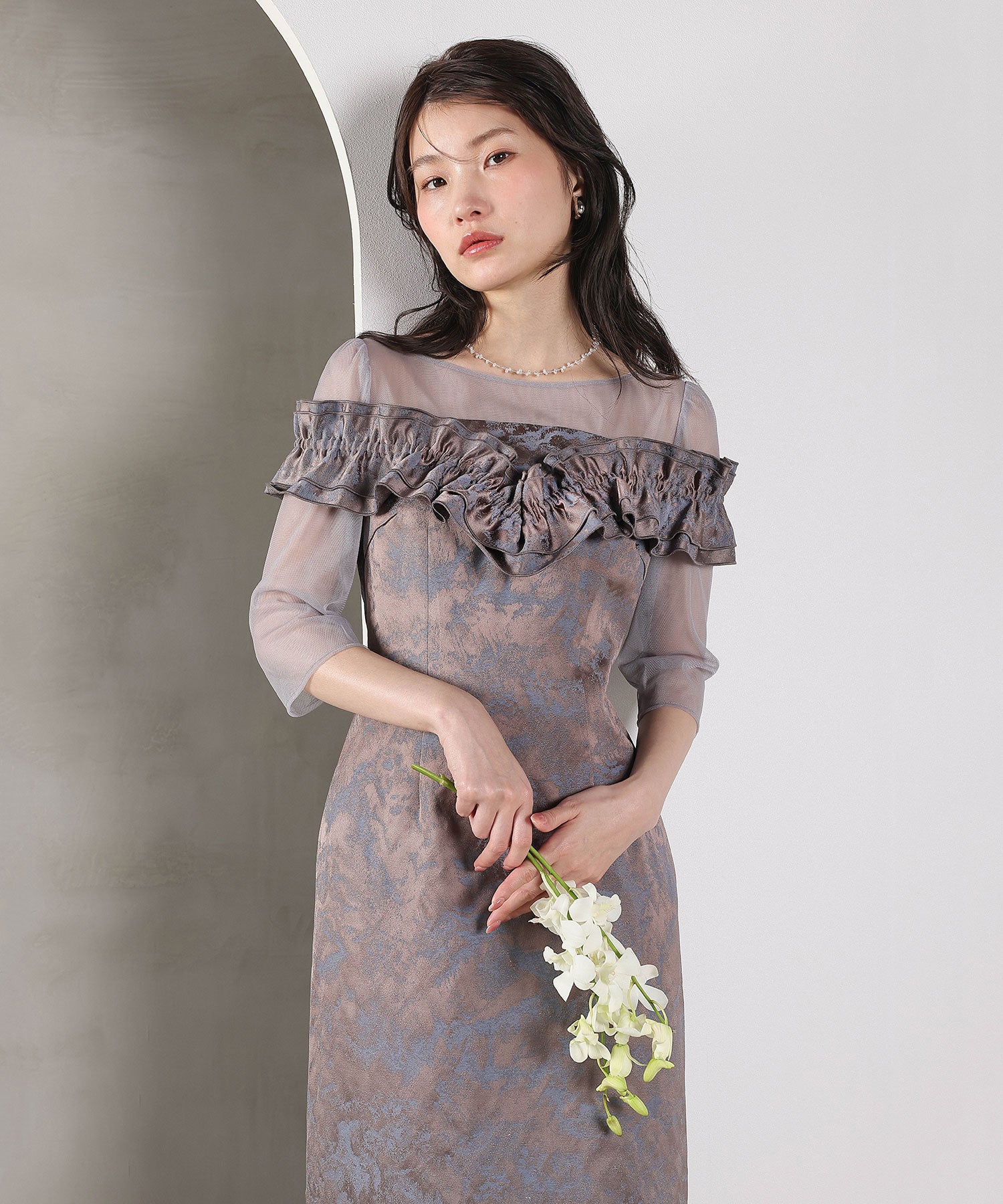 ハートネックフリルジャガードワンピースドレス