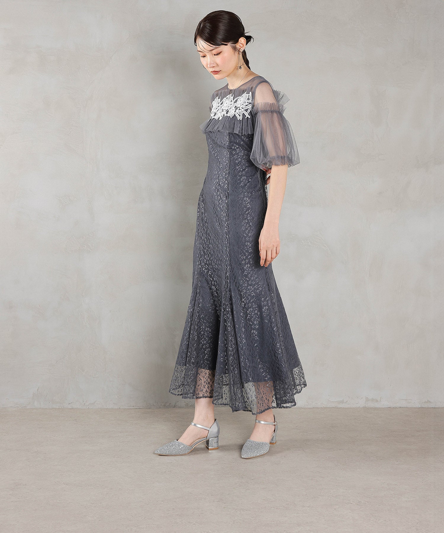 モチーフレース チュールバルーンスリーブ マーメイドライン ドレス パーティー