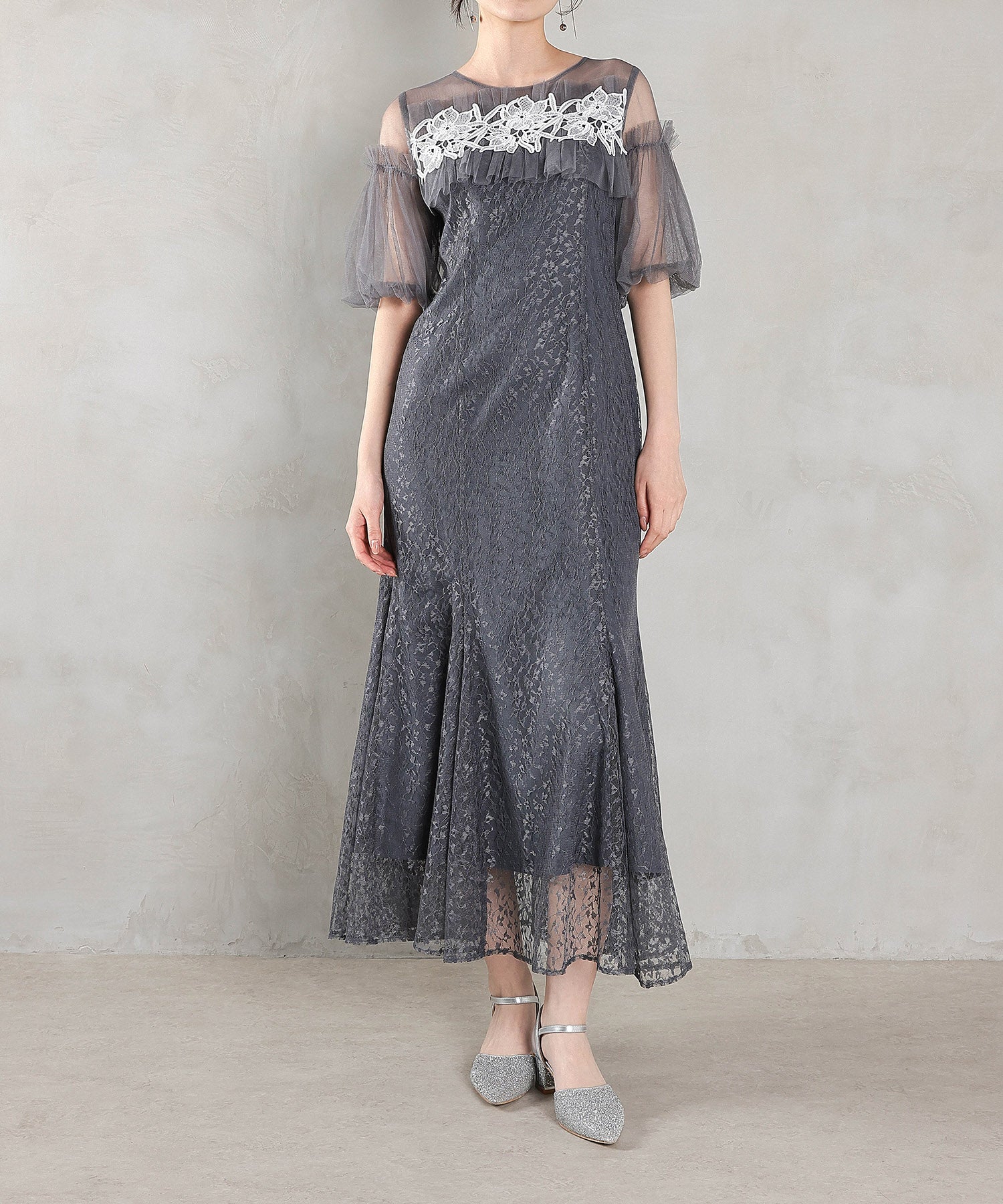 モチーフレース チュールバルーンスリーブ マーメイドライン ドレス パーティー