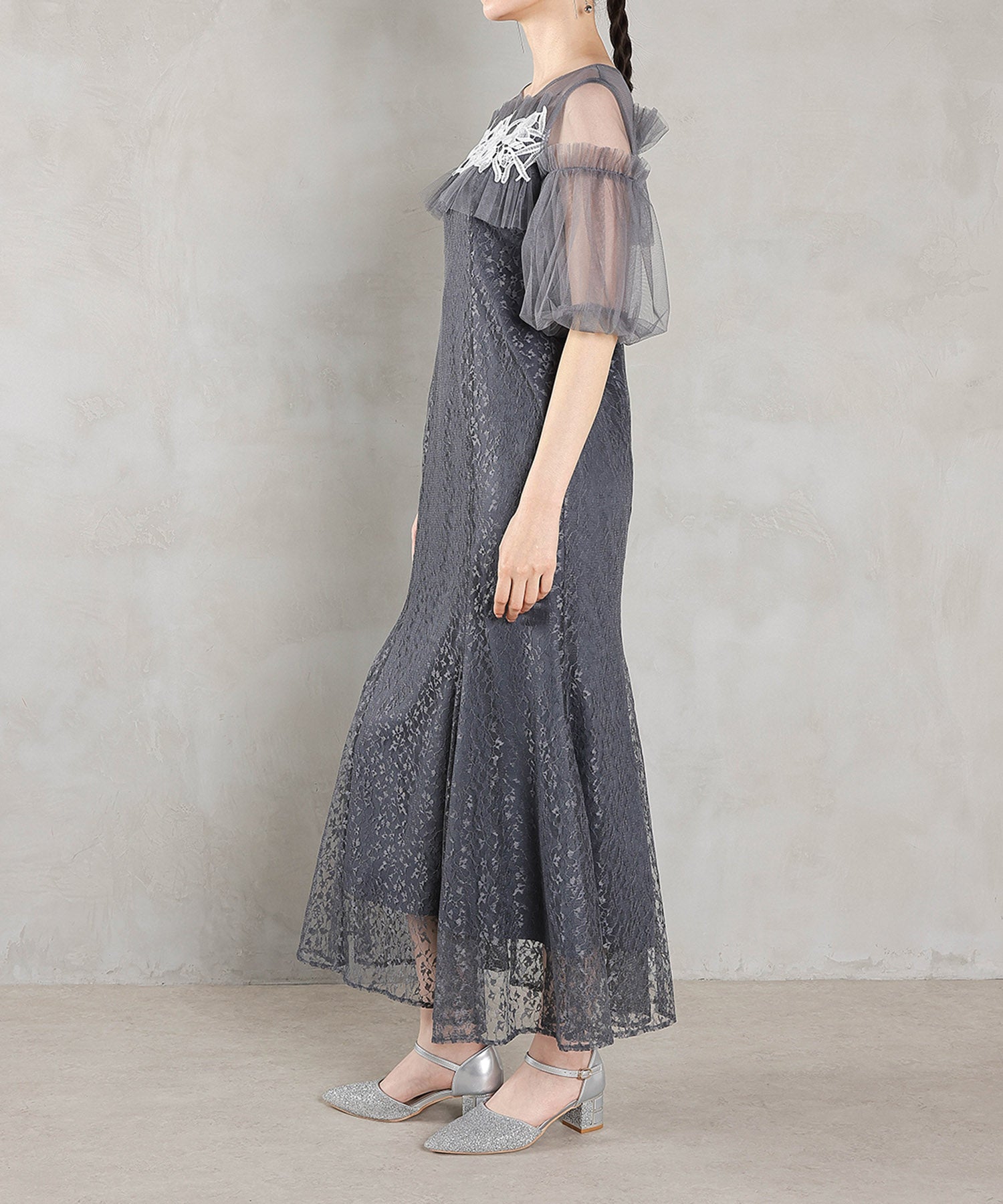 モチーフレース チュールバルーンスリーブ マーメイドライン ドレス パーティー