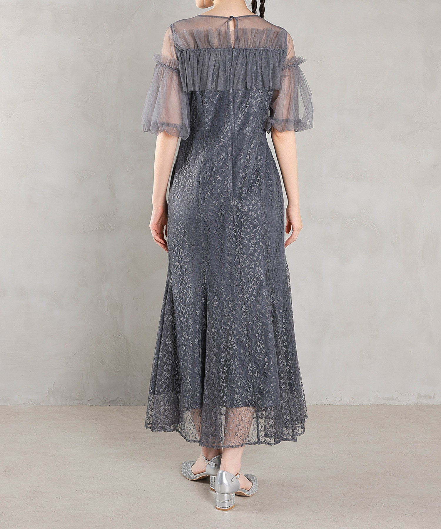 モチーフレース チュールバルーンスリーブ マーメイドライン ドレス パーティー