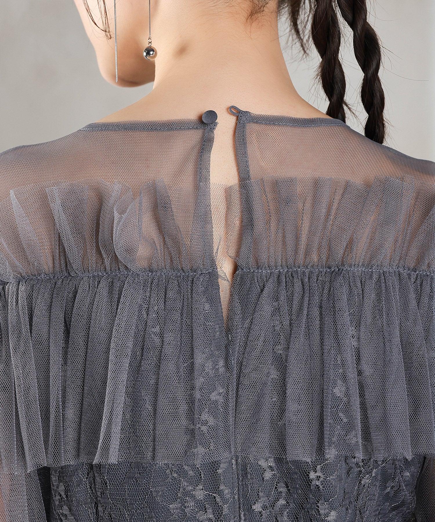 モチーフレース チュールバルーンスリーブ マーメイドライン ドレス パーティー