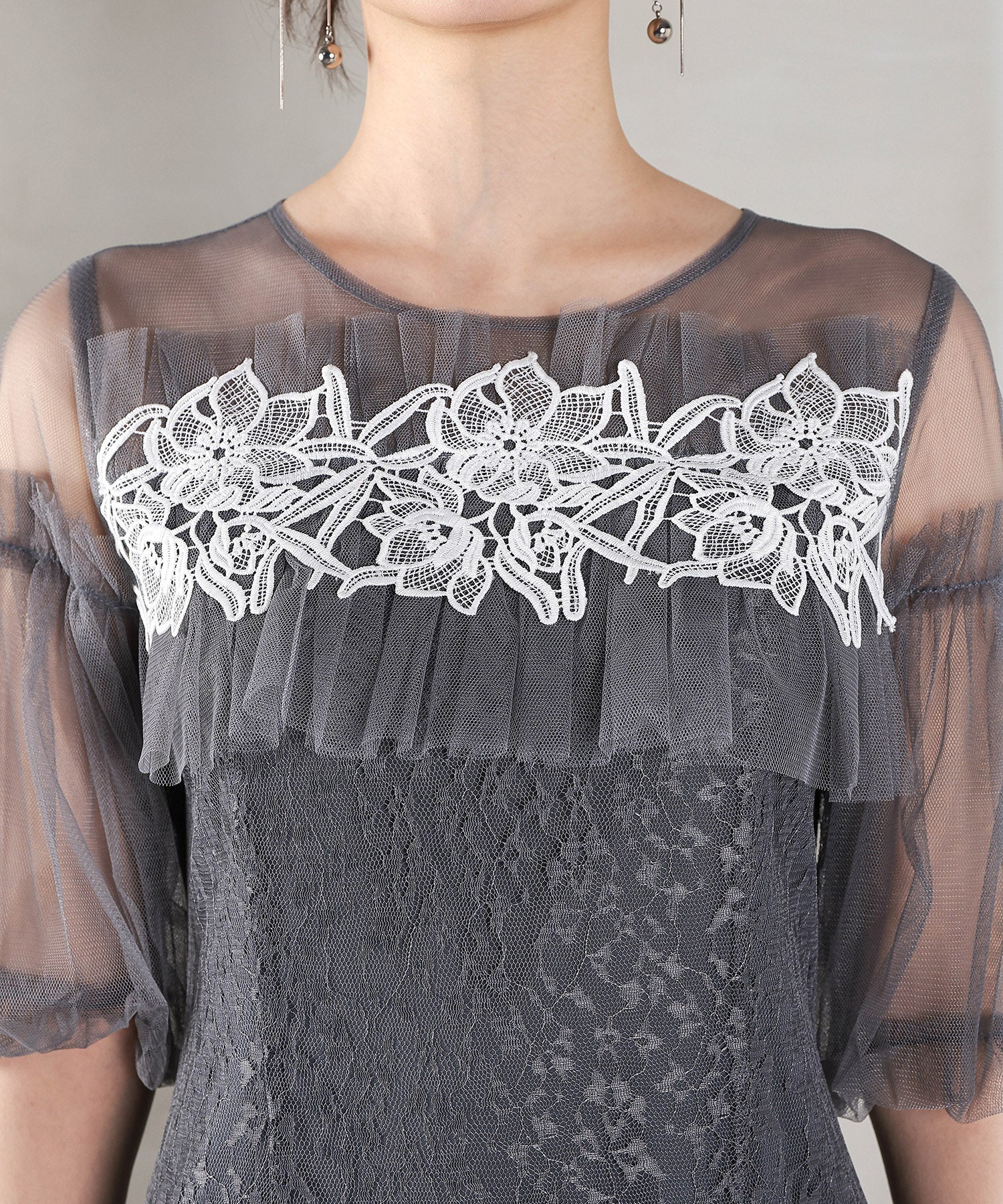 モチーフレース チュールバルーンスリーブ マーメイドライン ドレス パーティー