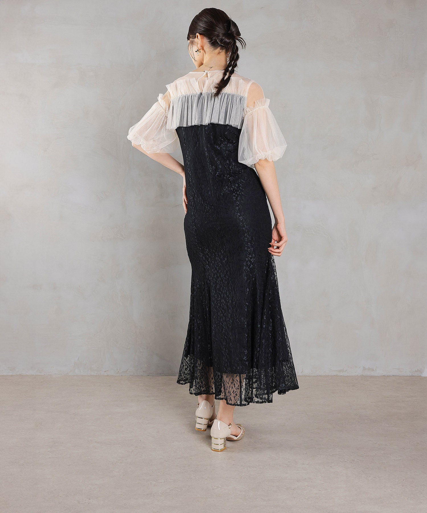 モチーフレース チュールバルーンスリーブ マーメイドライン ドレス パーティー