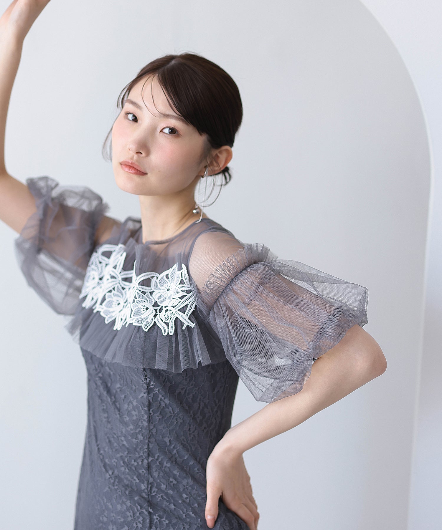 モチーフレース チュールバルーンスリーブ マーメイドライン ドレス パーティー