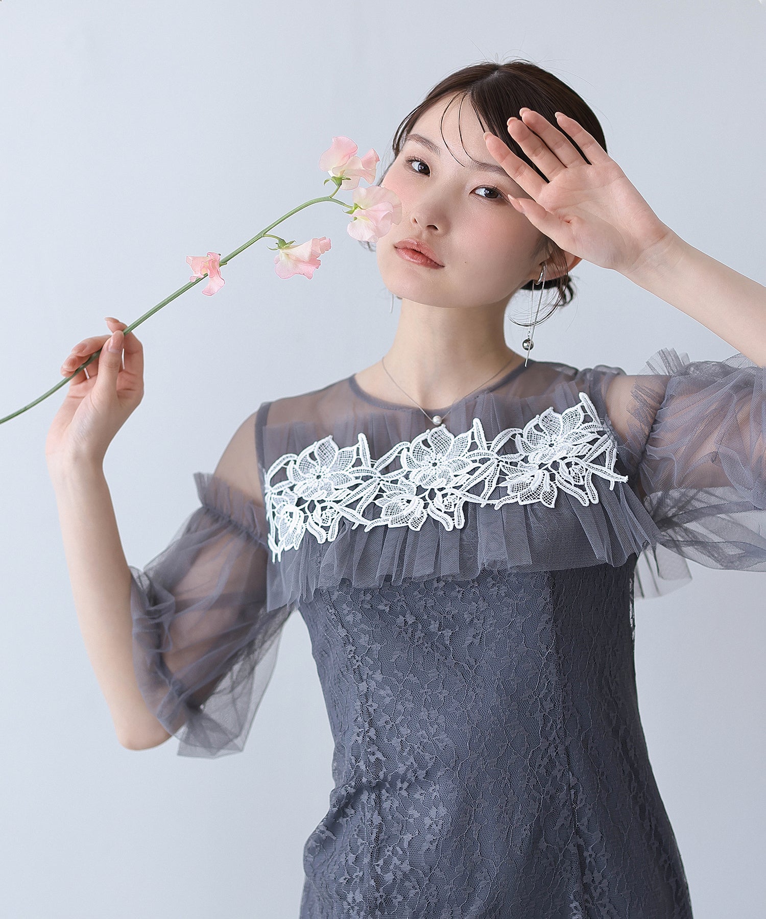 モチーフレース チュールバルーンスリーブ マーメイドライン ドレス パーティー