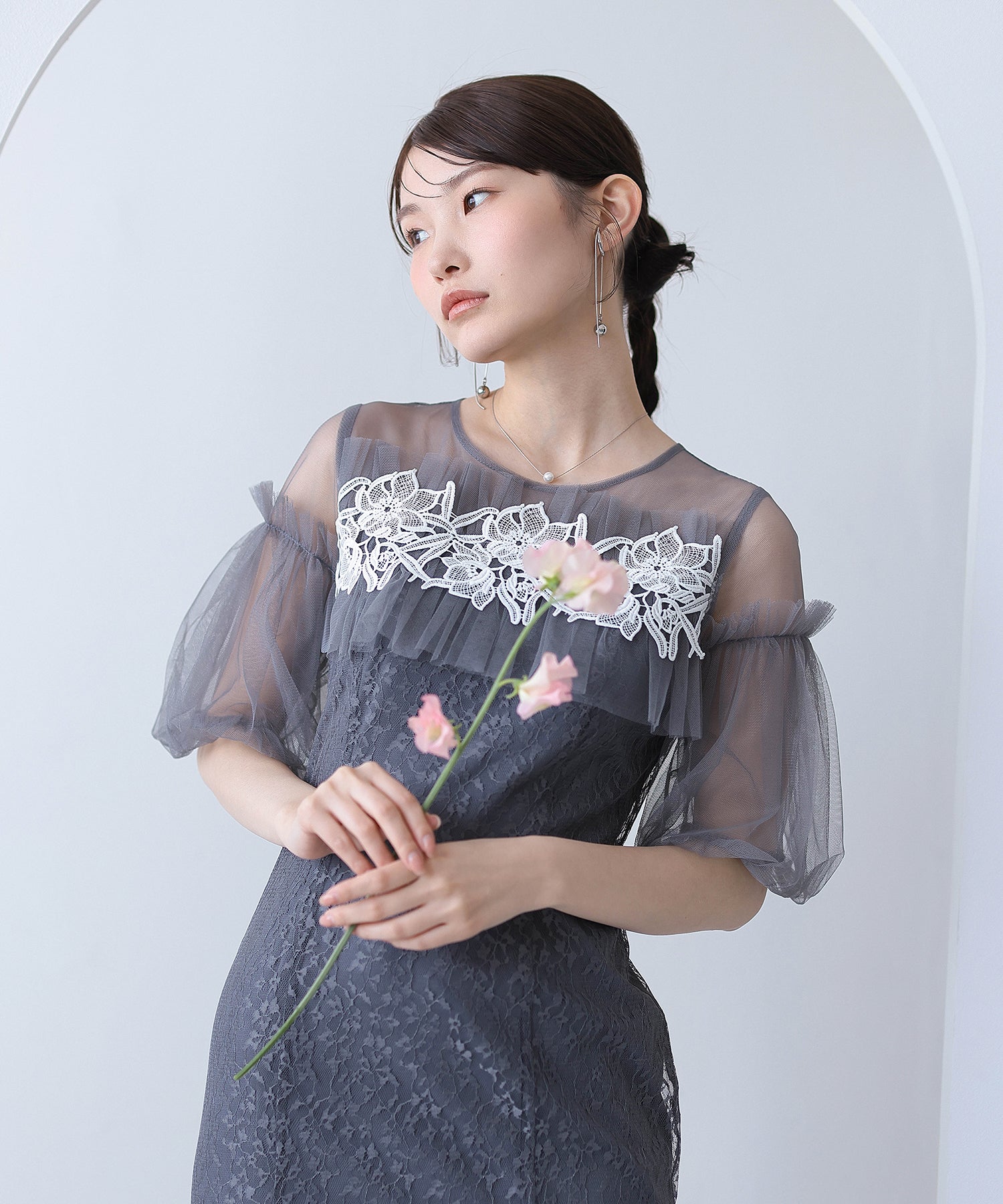 モチーフレース チュールバルーンスリーブ マーメイドライン ドレス パーティー