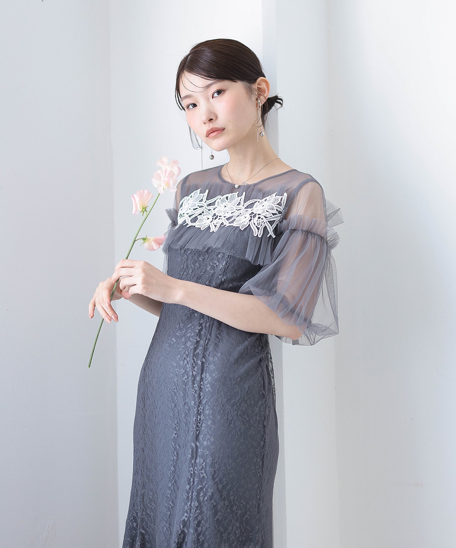 モチーフレース チュールバルーンスリーブ マーメイドライン ドレス パーティー